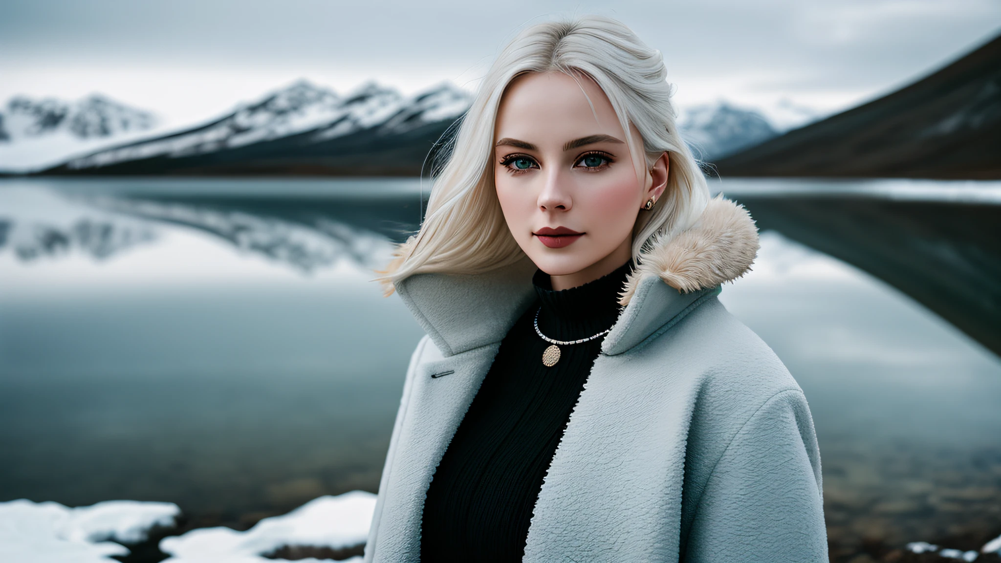 masterpiece, highest quality, RAW, analog style, A stunning portrait of a beautiful woman, pale skin, vibrant blue eyes, platinum blonde hair, wearing a choker, (((wearing black winter coat))), Serene woman meditates by a lake,  at  an abandoned research facility on a remote arctic island, sunlight, ((highly detailed skin, skin details)), sharp focus, 8k UHD, DSLR, high quality, film grain, Fujifilm XT3, intricately detailed, highly detailed, cluttered and detailed background