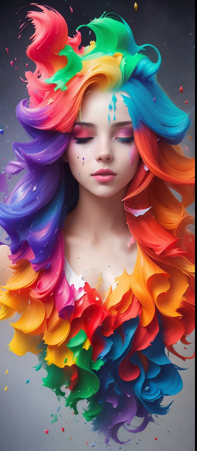 (level difference:1.8),(Paint colliding and splashing on the canvas),(depth of field),1girl's side face blends into it,(side face),open mouth,(liquid paint rainbow hair:1.1) made of paint and defies gravity,thick flowing,(paint splatter:1.3),Liquid state,stunningly beautiful, masterpiece, detailed background,ultra high quality model, ethereal background,abstract beauty, explosive volumetric, oil painting,heavy strokes,Romantic lighting,Sub-Surface Scatterring,lens 135mm,f1.8,glow,8k,high resolution, dreamy,ray tracing,hdr,god rays,