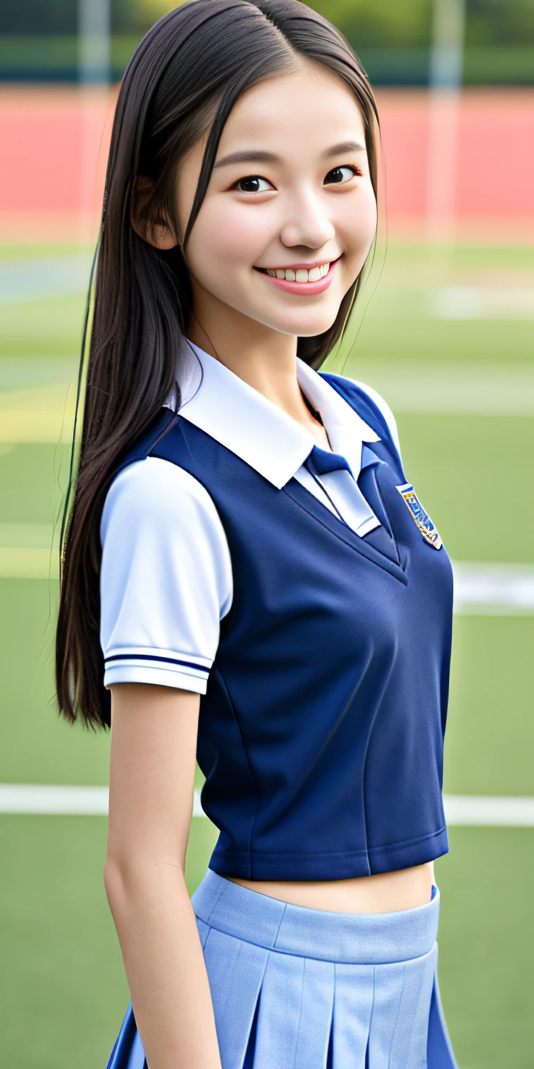 neat college girl, petite person, (school uniform, summer clothes, short sleeves), outside the athletic field, (slim, small, flat, small), photorealistic, detail, skin texture, ultra detail, delicate and sexy collarbone, smile, super detailed face, detailed lips, detailed eyes, double eyelids