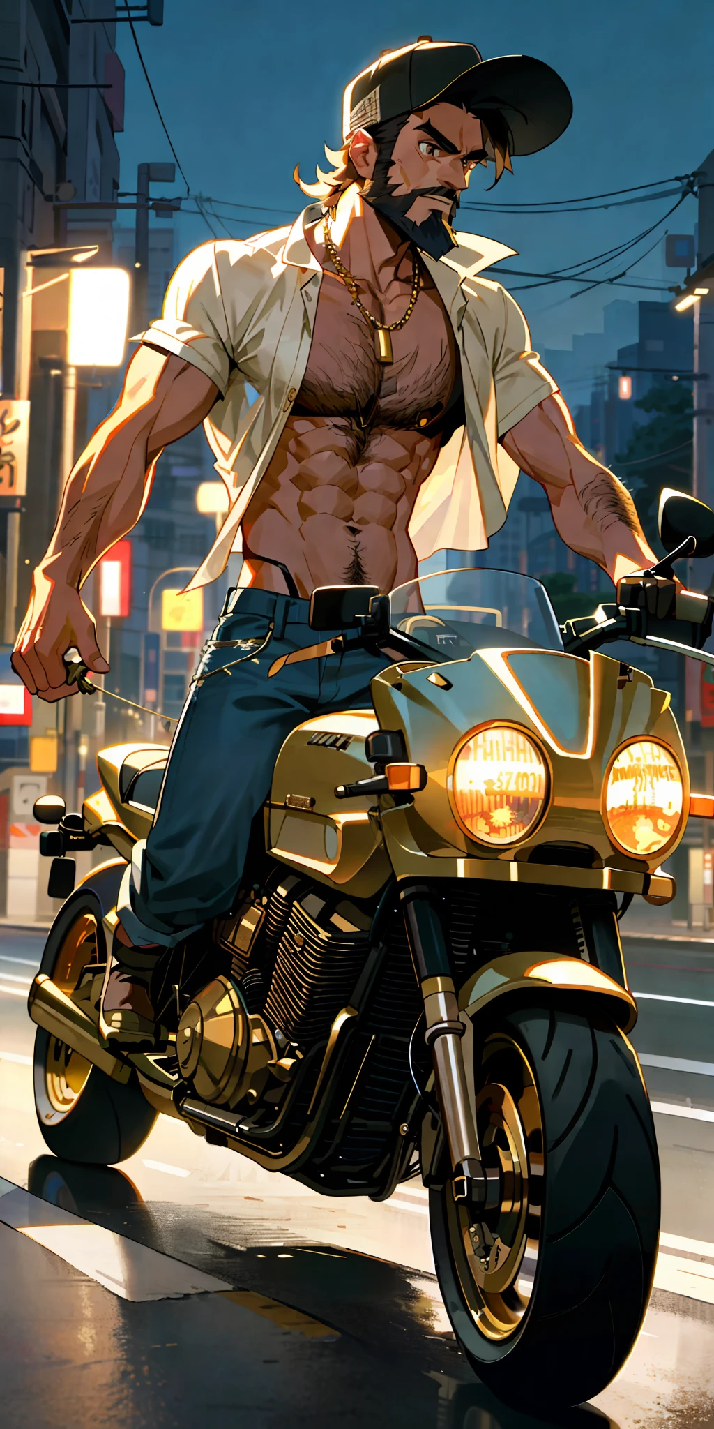 1man, short hair, toned, beard, baseball cap, (ripping off his shirt:1.3), hairy body, gold chain necklace, open jeans, lamp post, masterpiece, best quality, high-res, ultra detailed, tokyo, night, (driving a motorcycle on the street), looking at the camera, front view, dynamic pose