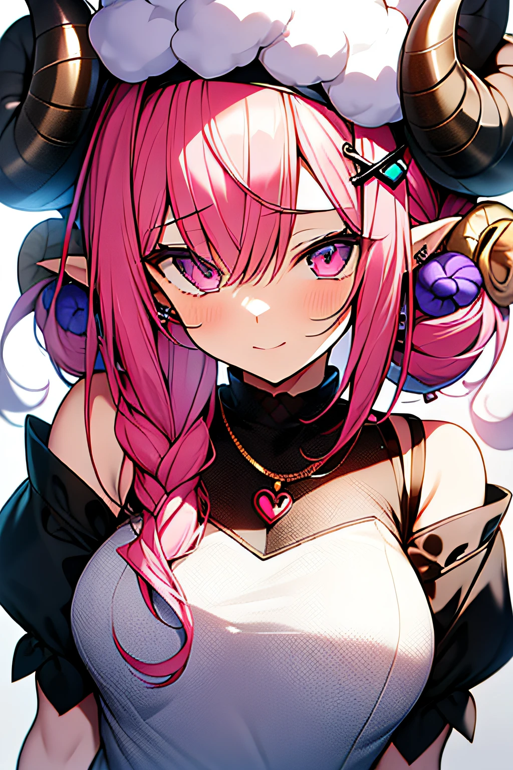 absurdres,  (Personification of a sheep:1.2),a girl with pink hair and piercings on her ears and eyes with hearts and hearts around her eyes, Aya Goda, official art,