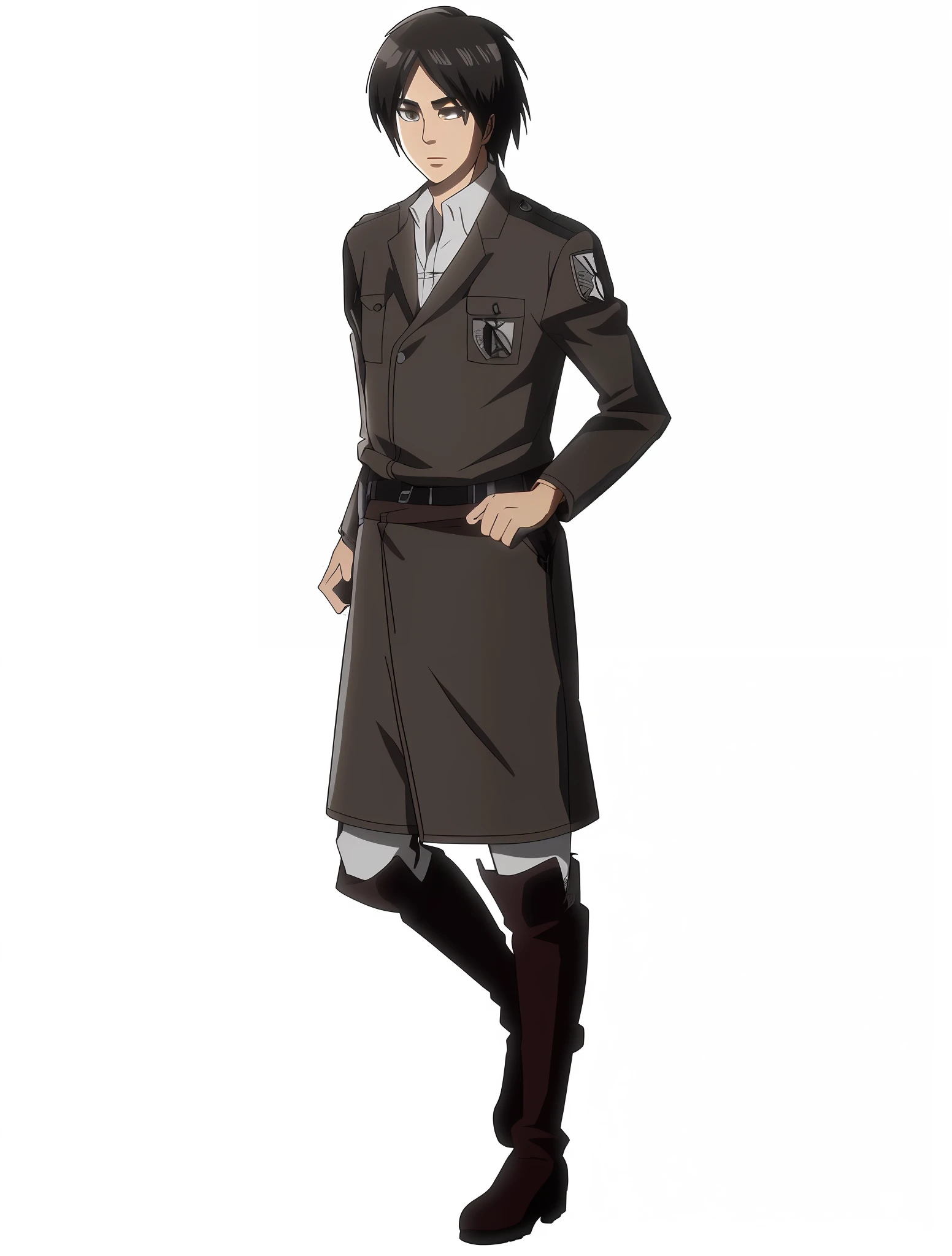 best quality, masterpiece, (realistic: 1.2), 1 man, Eren Jaeger, black jeans, black pants, brown hair, attack on Titan, cold background, black jacket, slim body, high definition, high quality, black clothes