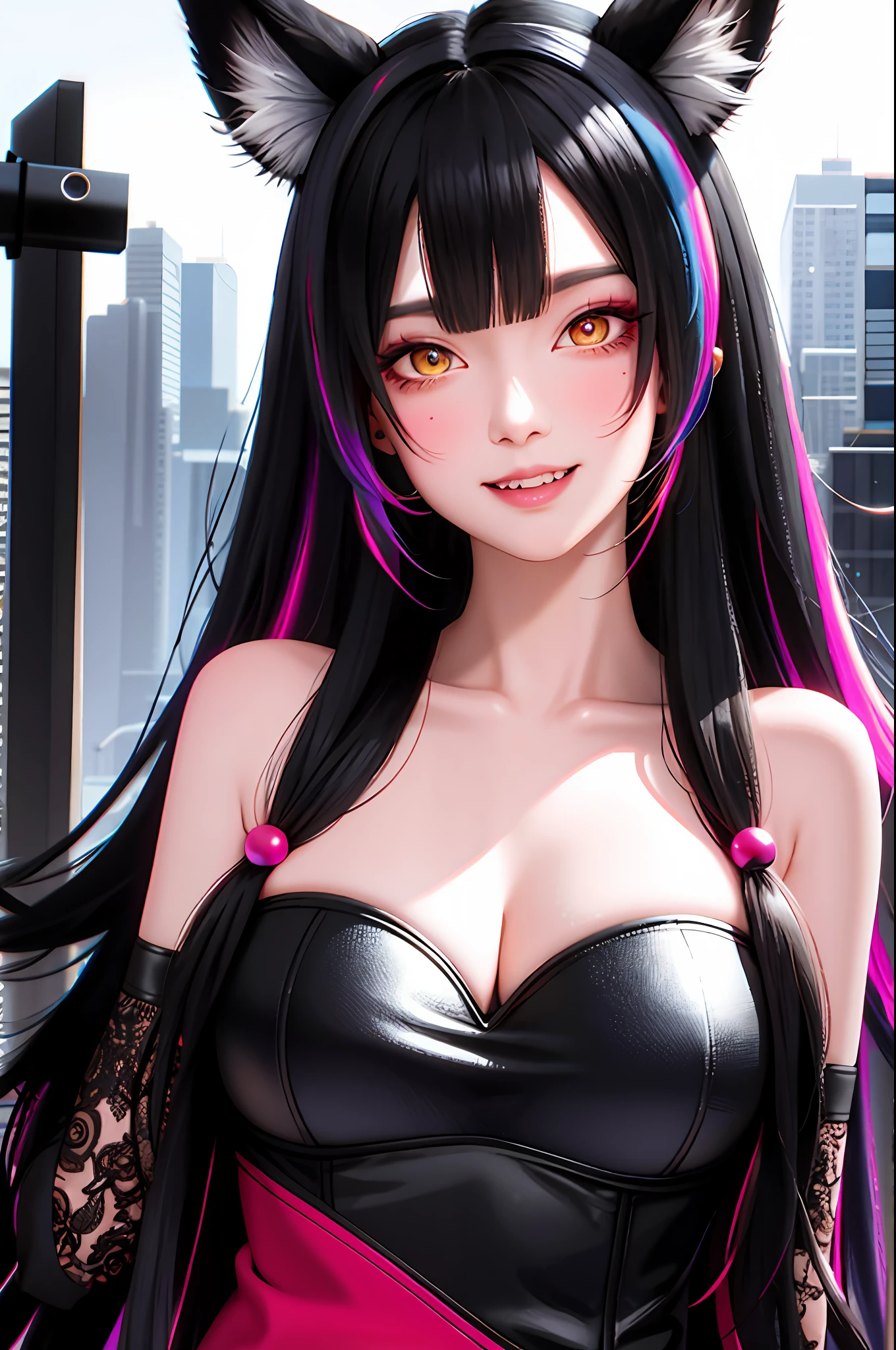 black hair, hair bobbles, wince, longeyelashes, solid circle eyes, fake animal ears, light smile, ear blush, fang, multicolored hair, mole under eye, Surrealism, drop shadow, anaglyph, stereogram, tachi-e, pov, atmospheric perspective, depth of field, film grain, rococo style, 8k, super detail, ccurate, best quality