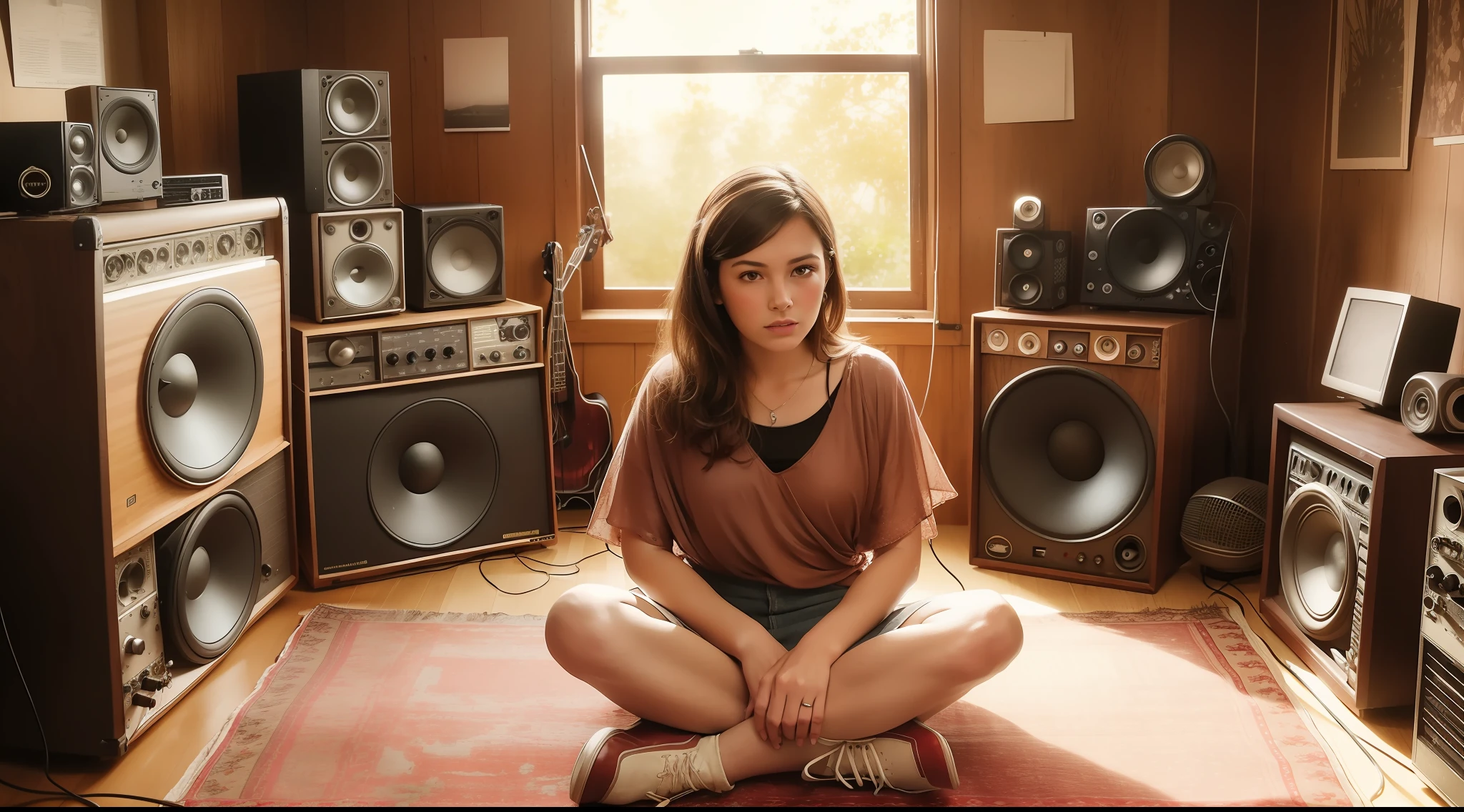 grainy old realistic photo of a beautiful female singer sitting in a crowded messy dusty, cozy audio studio with vintage amps, synts, old used speakers, wires, microphones, audio equipment, in 1973, posters on the wall, paper notes on the floor, extreme high quality, volumetric lighting, light rays shining trough the windows, cinematic lighting, backlights, crimson sunset, depth of field, retro, low angle shot, perspective, ambient occlusion, misty, old, warm, intimate, perfect anatomy, symetric face, 70's fashion by Chris Burkard