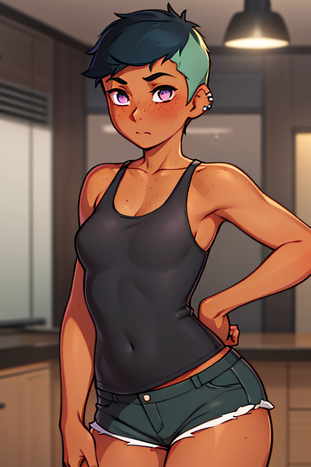 riley fairfeather, masterpiece, best quality, 1girl, solo, 1girl, solo, nose piercing, green hair, piercing, undercut, tank top, freckles, short shorts, breasts, full body, short hair, black hair, multicolored hair, two-tone hair, purple eyes, looking at viewer, blush, hands behind back, ear piercing, black shoes, nose blush, dark-skinned female, medium breasts, standing, tan, dark skin, bedroom,