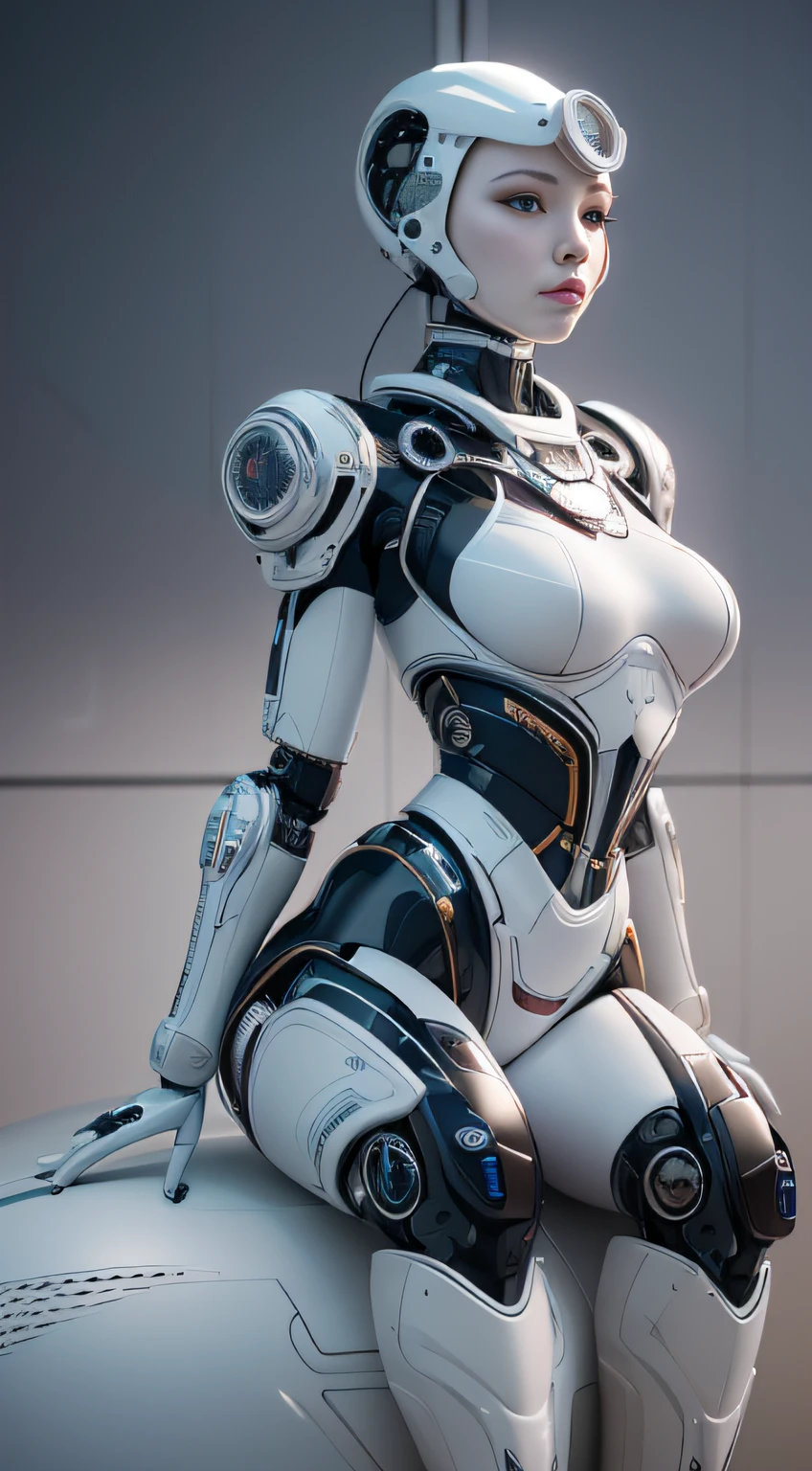 Intricate 3d rendering of highly detailed beautiful ceramic silhouette female robot face, cyborg, robot parts, 150 mm, beautiful studio soft light, rim light, vibrant details, luxury cyberpunk, lace, surreal, anatomy , Facial Muscles, Cable Wires, Microchips, Elegance, Beautiful Background, Octane Rendering, HR Giger Style, 8k, Best Quality, Masterpiece, Illustration, Very Delicate and Beautiful, Very Detailed, CG, Uniform, Wallpaper, ( fidelity, fidelity: 1.37), stunning, fine detail, masterpiece, best quality, official art, very detailed cg unity 8k wallpaper, absurd, unbelievably absurd, robot, silver helmet, full body, sit and write