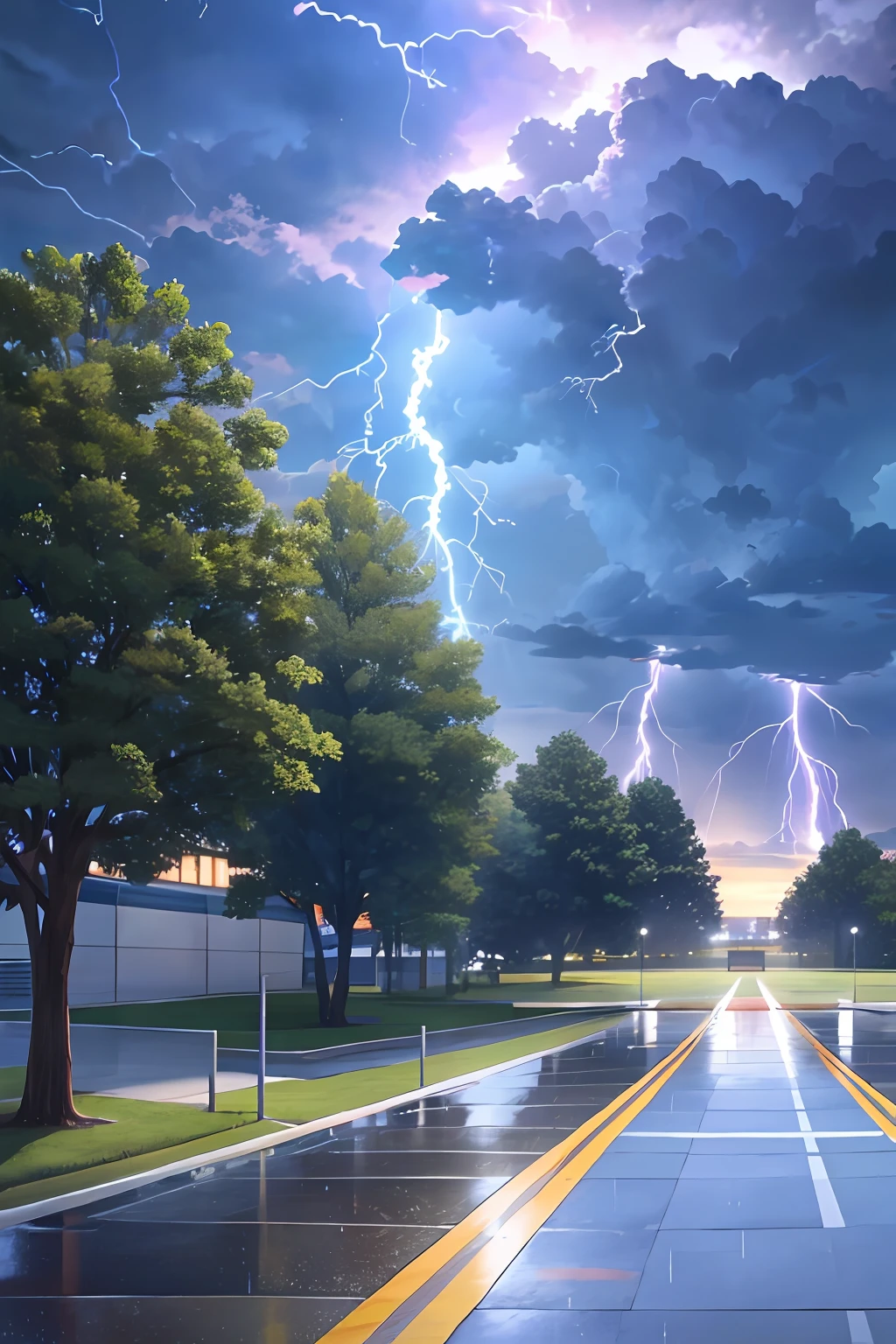 Campus playground, sky thunder and lightning in the background (masterpiece, best illustration), (some crowds running in the distance), some students in the distance with umbrellas, solo, outdoors, (thunderstorm lightning in the background), the ground is wet, (it's raining in the sky,)