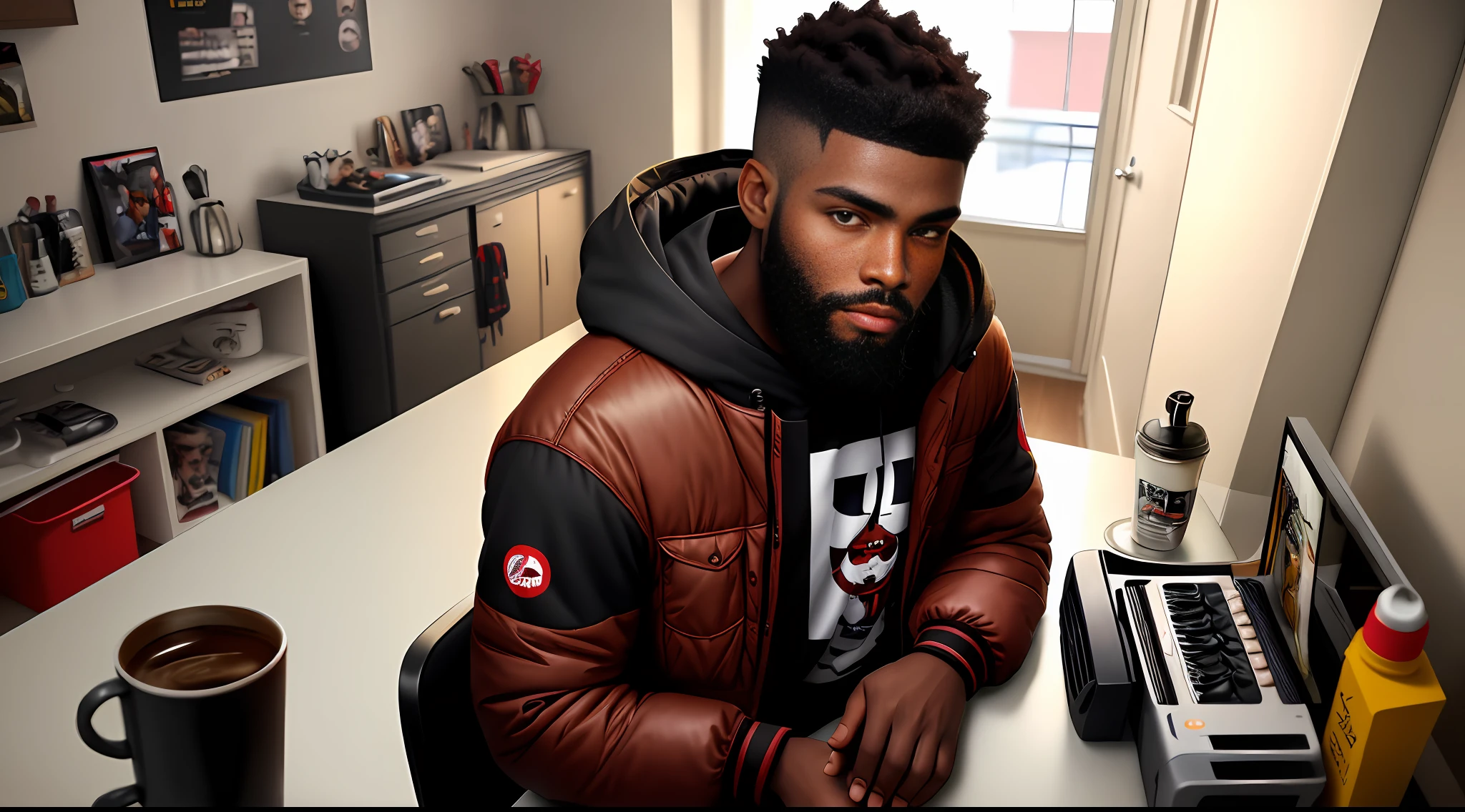 (1boy) Young black man, hair cut in machine 1 very short, beard close to face well done, light brown red eyes. Youtuber sitting in front of the camera looking shooting videos for his YouTube channel, tidy room, with terror poles on the walls, hands with super details 5 fingers on each hand. On your table a hot coffee