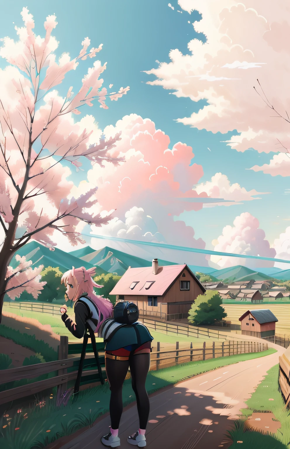 Anime girl in a pink top and black pants standing in front of a fence, anime field landscape, digital cartoon painting, in the field, digital cartoon painting art, anime nature, made with anime painter's studio, field, beautiful swollen clouds. anime, cottagecore!! body fitness, nature anime wallpap, digital cartoon art, animated movie scene, highly detailed image, full HD, 8k, artstation