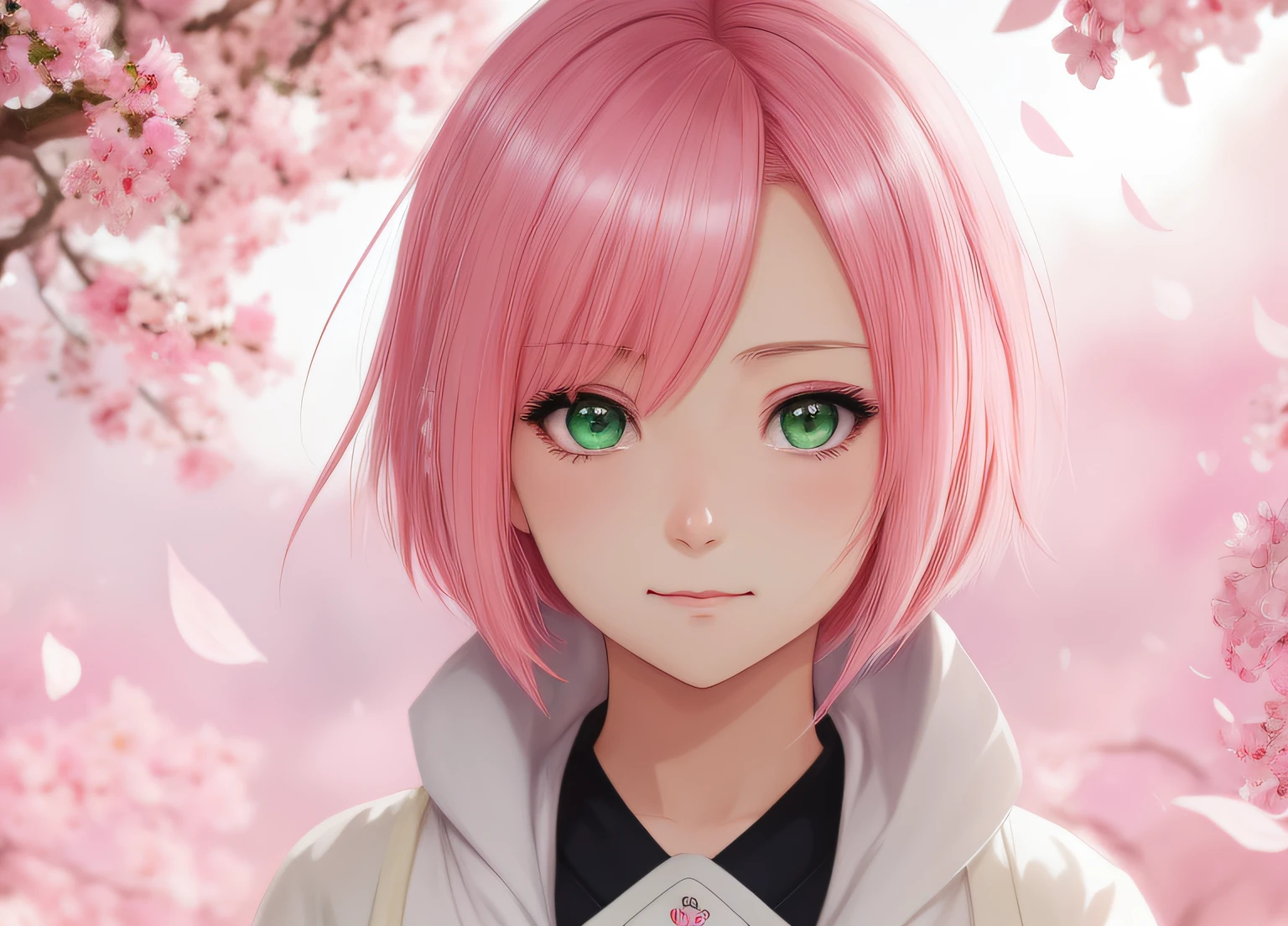 anime girl with pink hair and green eyes posing for a picture, haruno sakura, best anime 4k konachan wallpaper, seductive anime girl, marin kitagawa fanart, sakura petals around her, splash art anime loli, anime style 4 k, anime moe artstyle, high quality anime artstyle, detailed anime artwork, anime wallaper, anime best girl