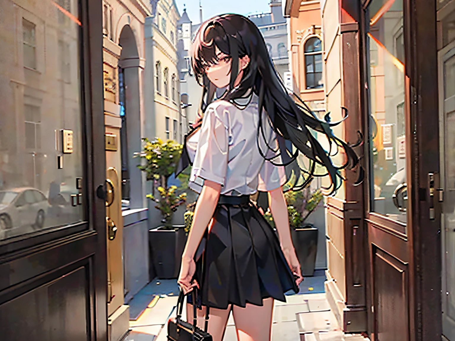 An 18-year-old girl with long black hair and a long black skirt, standing in the doorway, looking back with a serious expression,