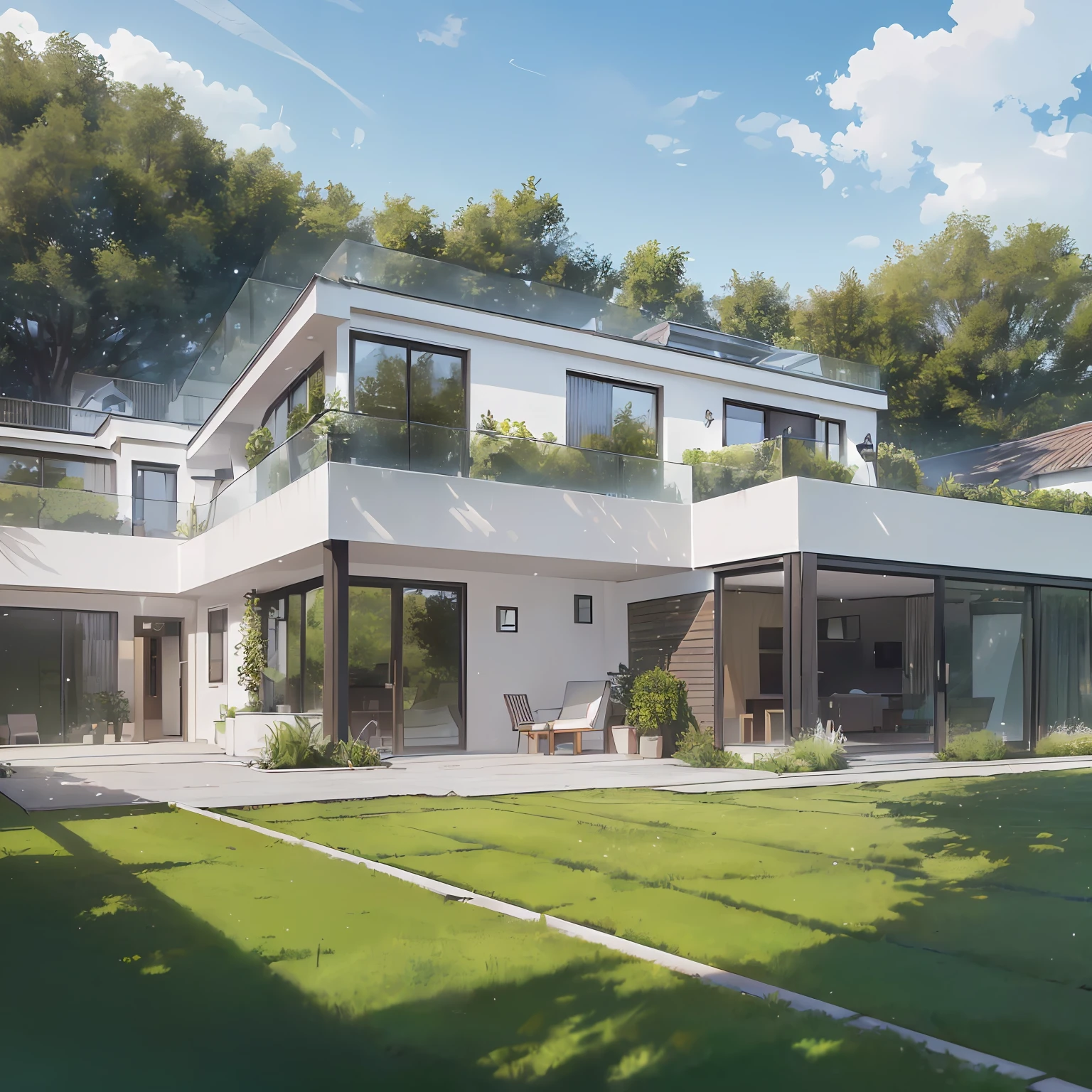 ((Realistic lighting, Best quality, 8K, Masterpiece: 1.3), large house of 2 floors of countryside, windows and glass doors, with garage, in the garage a range rover evoque white,with a glass balcony,realistic raining weather,in the courtyard of the house grass and trees,pool on the lawn,] --auto --s2