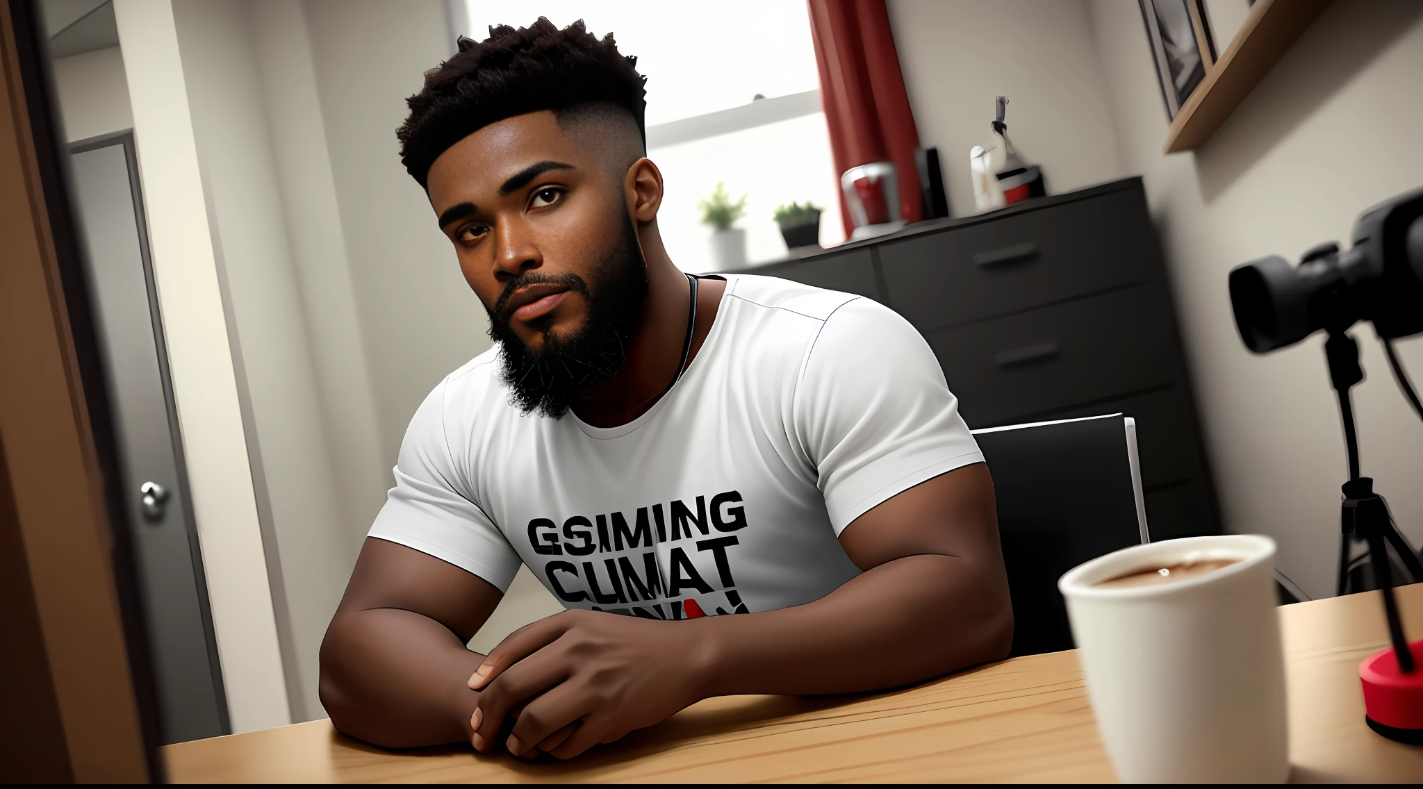 (1boy) Young black man, hair cut in machine 1 very short, beard close to face well done, light brown red eyes. Youtuber sitting in front of the camera looking shooting videos for his YouTube channel, tidy room, with terror poles on the walls, hands with super details 5 fingers on each hand. On your table a hot coffee