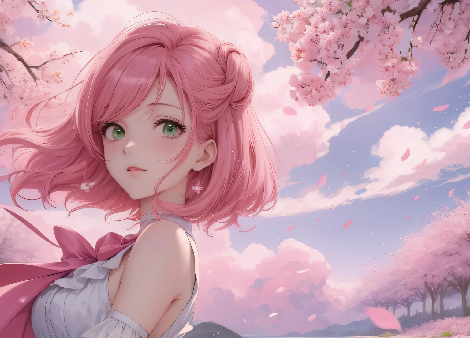 anime girl with pink hair and green eyes posing for a picture, haruno sakura, best anime 4k konachan wallpaper, seductive anime girl, marin kitagawa fanart, sakura petals around her, splash art anime loli, anime style 4 k, anime moe artstyle, high quality anime artstyle, detailed anime artwork, anime wallaper, anime best girl