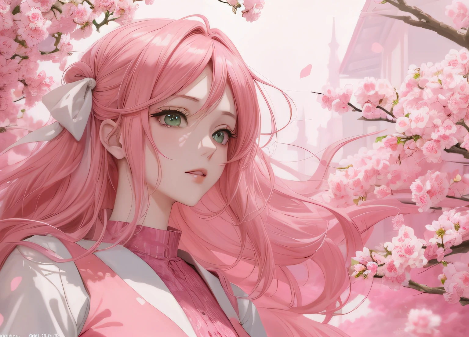 anime girl with pink hair and green eyes posing for a picture, haruno sakura, best anime 4k konachan wallpaper, seductive anime girl, marin kitagawa fanart, sakura petals around her, splash art anime loli, anime style 4 k, anime moe artstyle, high quality anime artstyle, detailed anime artwork, anime wallaper, anime best girl