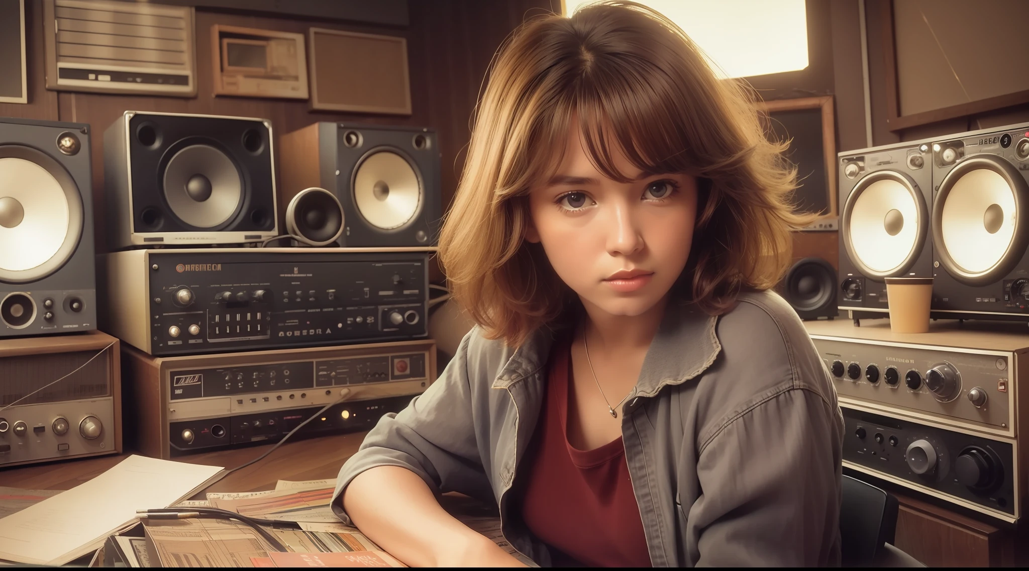 grainy old realistic photo of a beautiful female singer sitting in a crowded messy dusty, cozy audio studio with vintage amps, synts, old used speakers, wires, microphones, audio equipment, in 1973, posters on the wall, paper notes on the floor, extreme high quality, volumetric lighting, light rays shining trough the windows, cinematic lighting, backlights, crimson sunset, depth of field, retro, low angle shot, perspective, ambient occlusion, misty, old, warm, intimate, perfect anatomy, symetric face, 70's fashion by Larry Clark