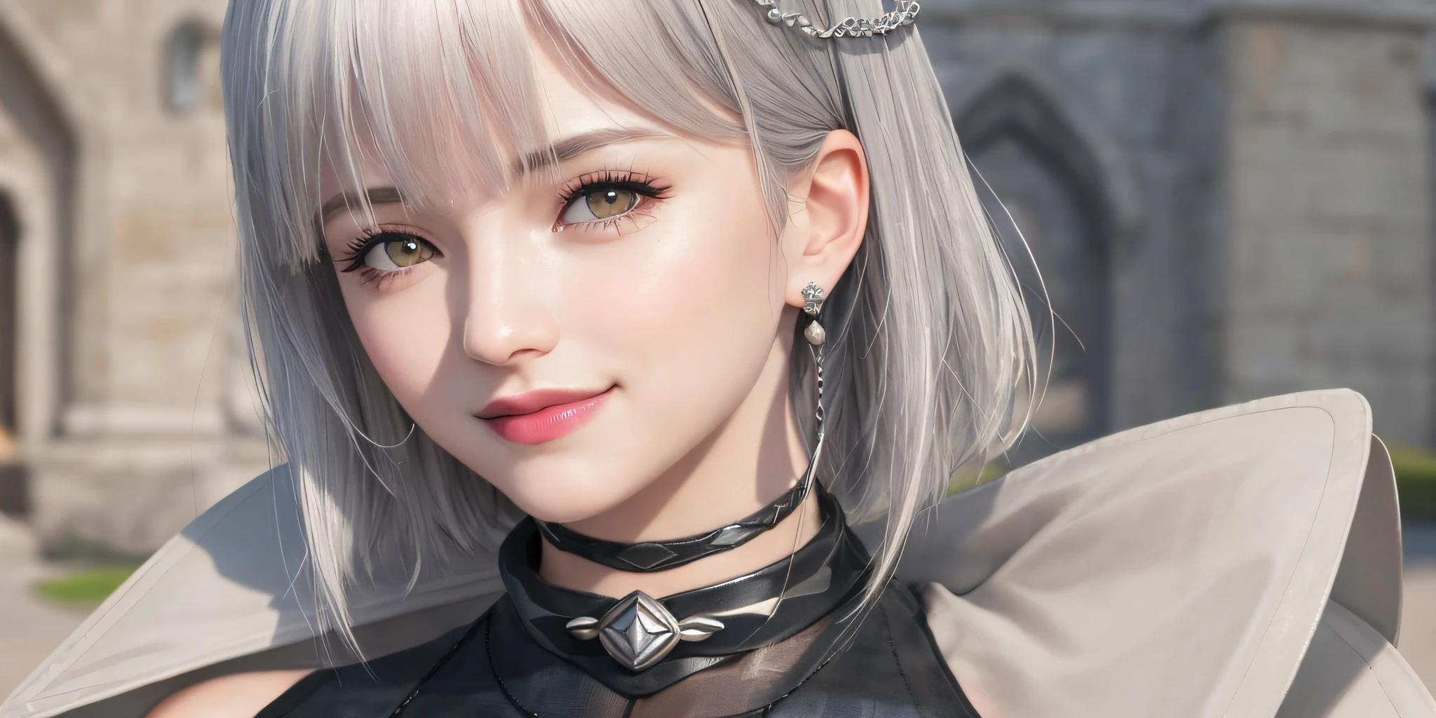 standing in front of castle, smile, necklace, earrings, full body, short silver hair, queen dress, superb, ultra-high-definition, RAW photo, realism: 1.25), (bright lip gloss, long eyelashes, smooth face , bright skin, natural shadows, wide light, wide light, depth of field, strong colors, subtle caustics: 0.8), smile, (big tits), v6