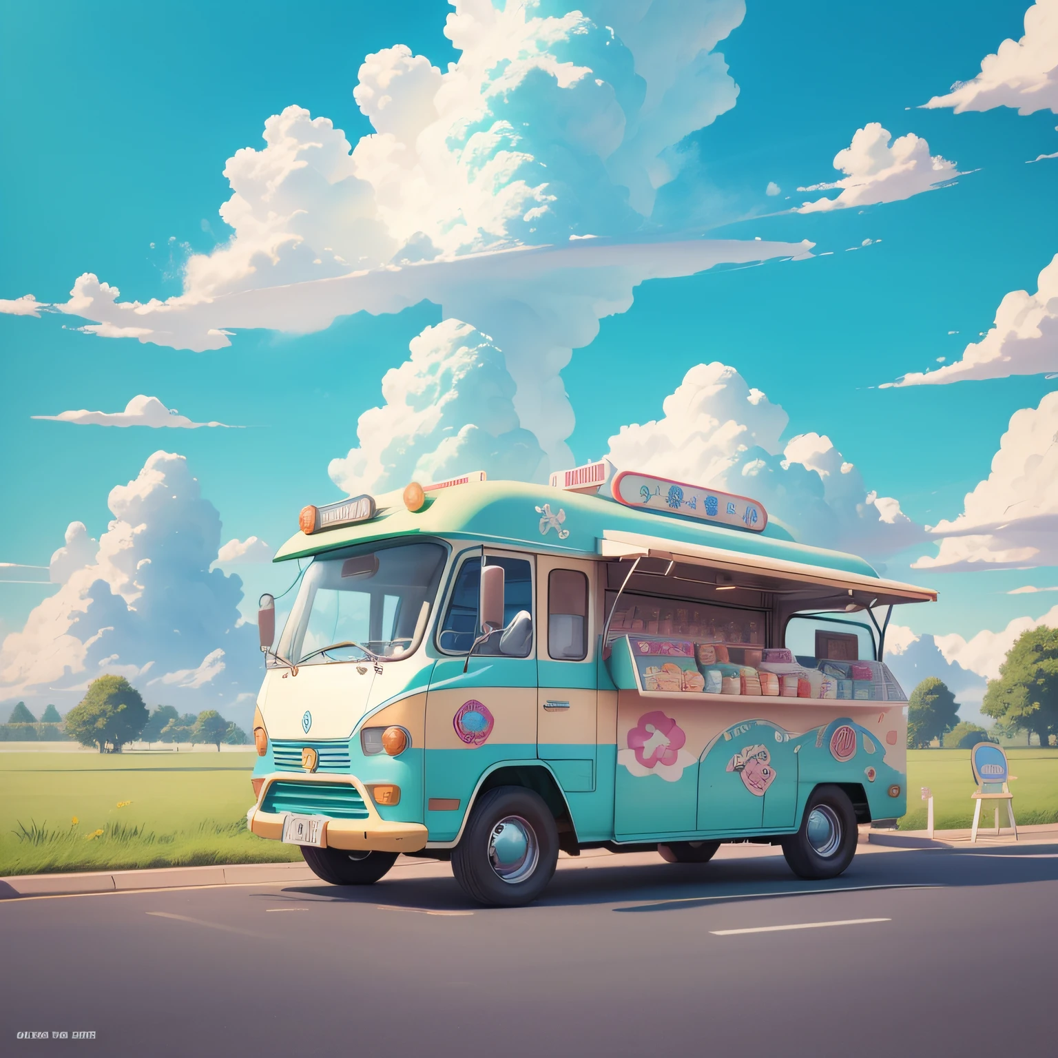 Anime scene of Xiaoice ice cream mobile car on the meadows of the green grassland blue sky and white clouds Ice cream truck in the middle of the picture Don't account for too much, official artwork, propaganda art, colorful anime movie background, official art, anime background art, only one ice cream food stall, official illustration, making art, official fan art, mobile game art, background art, ice cream truck, summer, fresh, sunshine halo, natural scenery background, movie lighting, super high resolution, background is natural scenery, natural green, Don't show up characters