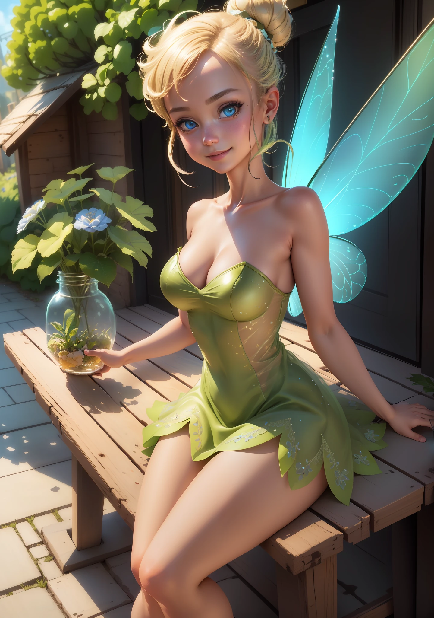 (TinkerWaifu:1), smile, cute, cute pose, looking at viewer, thick thighs, single hair bun, short hair, (strapless green dress:1), (fairy wings), sitting, (breast focus:1.2), from above, 
(realistic:1.2), (realism), (masterpiece:1.2), (best quality), (ultra detailed), (8k, 4k, intricate),(full-body-shot:1),(Cowboy-shot:1.2), (85mm),light particles, lighting, (highly detailed:1.2),(detailed face:1.2), (gradients), sfw, colorful,(detailed eyes:1.2),
(detailed ladscape, inside a glass jar:1.2),(detailed background),detailed landscape, (dynamic angle:1.2), (dynamic pose:1.2), (rule of third_composition:1.3), (Line of action:1.2), wide shot, daylight, solo,