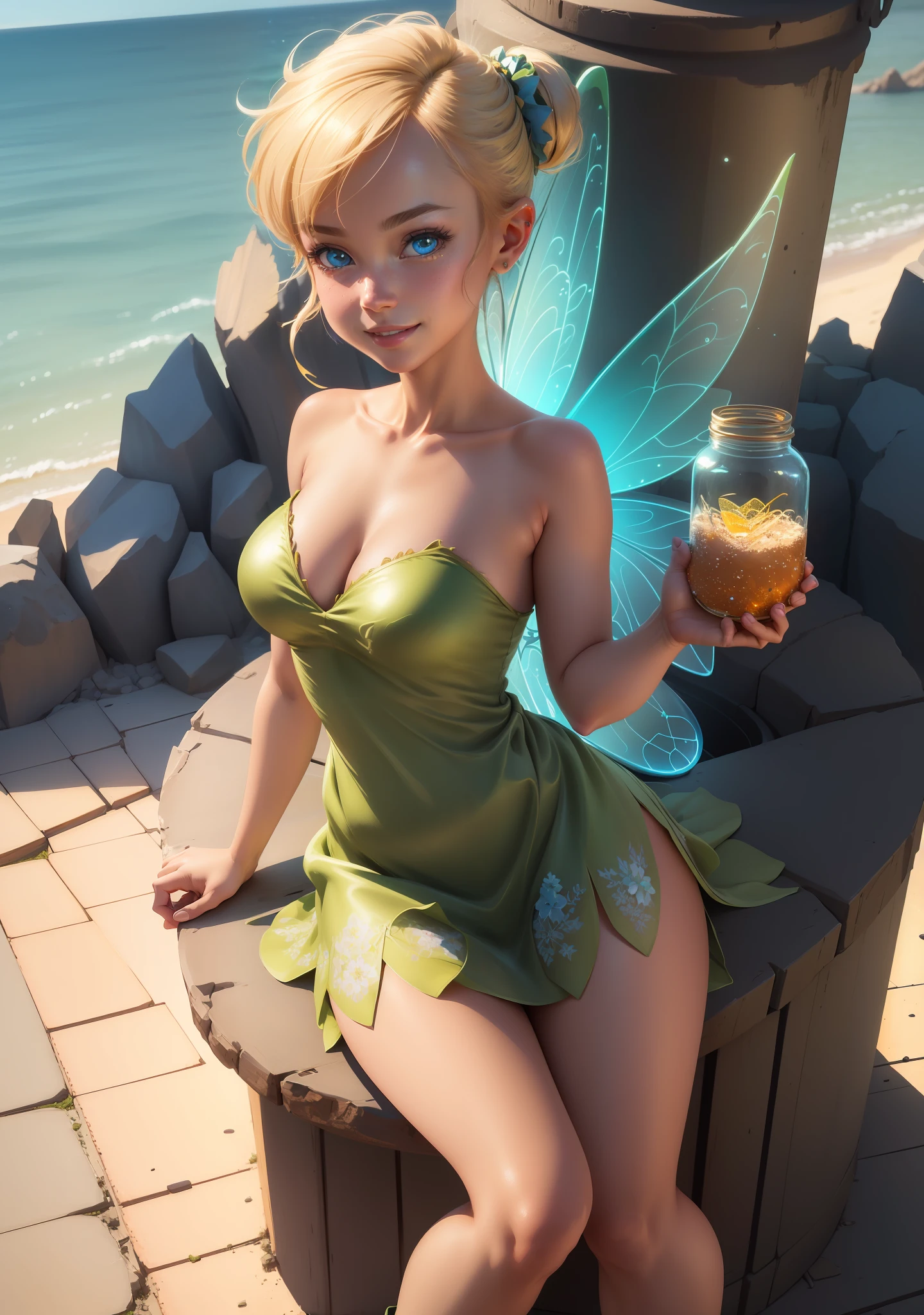 (TinkerWaifu:1), smile, cute, cute pose, looking at viewer, thick thighs, single hair bun, short hair, (strapless green dress:1), (fairy wings), sitting, (breast focus:1.2), from above,
(realistic:1.2), (realism), (masterpiece:1.2), (best quality), (ultra detailed), (8k, 4k, intricate),(full-body-shot:1),(Cowboy-shot:1.2), (85mm),light particles, lighting, (highly detailed:1.2),(detailed face:1.2), (gradients), sfw, colorful,(detailed eyes:1.2),
(detailed ladscape, inside a glass jar:1.2),(detailed background),detailed landscape, (dynamic angle:1.2), (dynamic pose:1.2), (rule of third_composition:1.3), (Line of action:1.2), wide shot, daylight, solo,