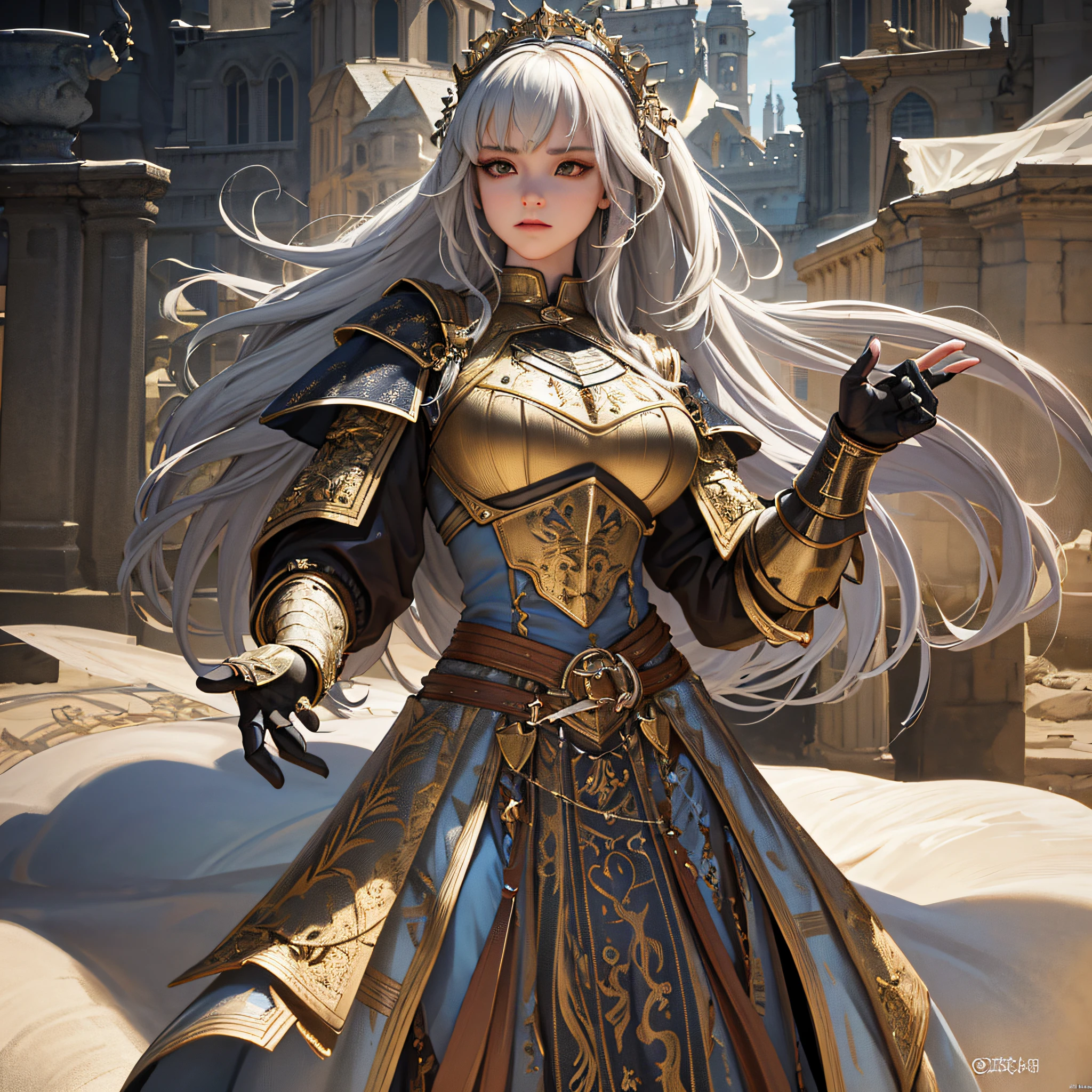 1girl, masterpiece, best quality, 8k, detailed skin texture, detailed cloth texture, beautiful detailed face, intricate details, ultra detailed, 3D character, Medieval Knight, full-length body