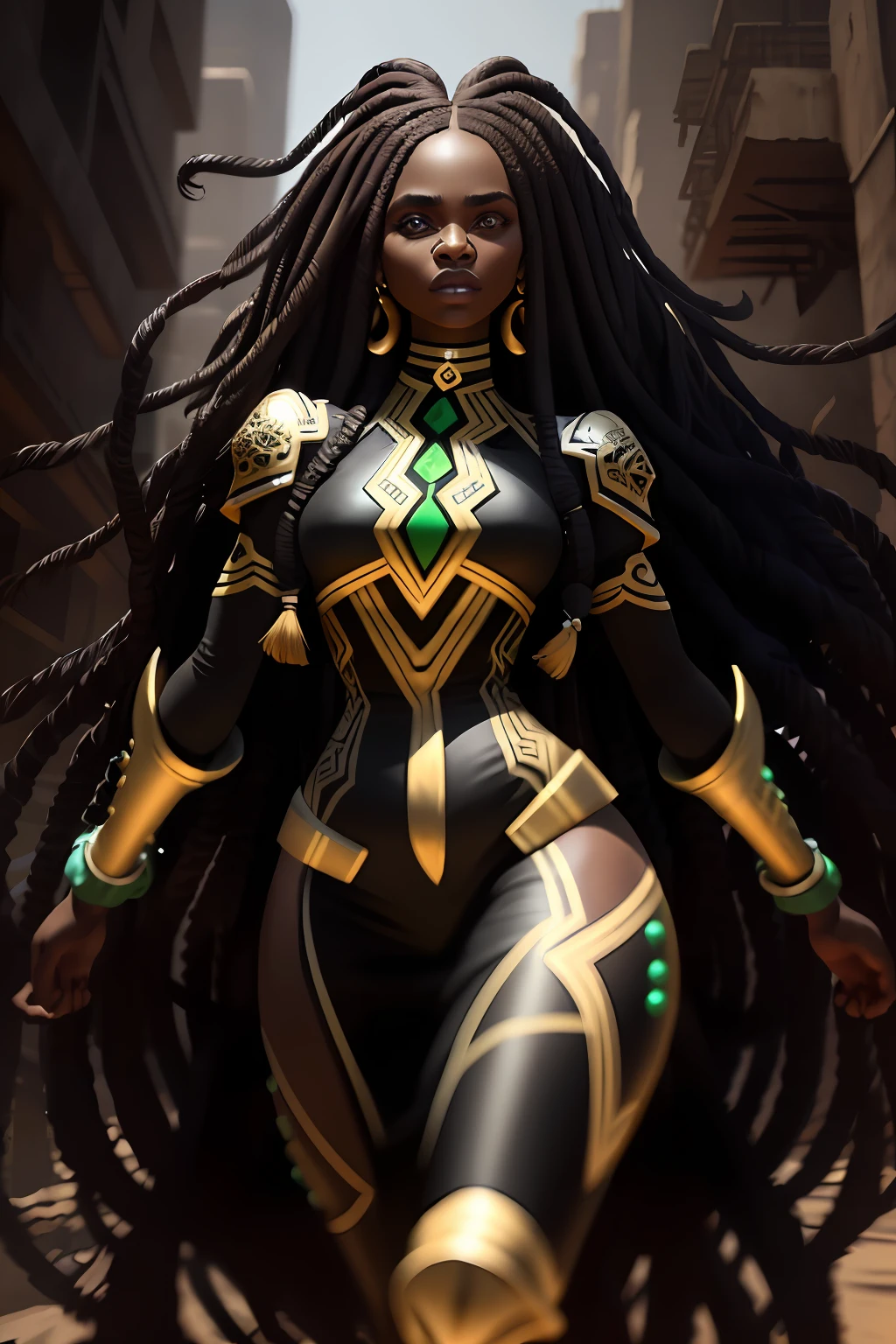 A beautiful long-haired (African) superheroine in dynamic pose, very beautiful face, dark and menacing and dangerous environment, insane quality, intricate details, perfect features, dramatic, cinematic lighting, accent lighting, SSAA, smooth render