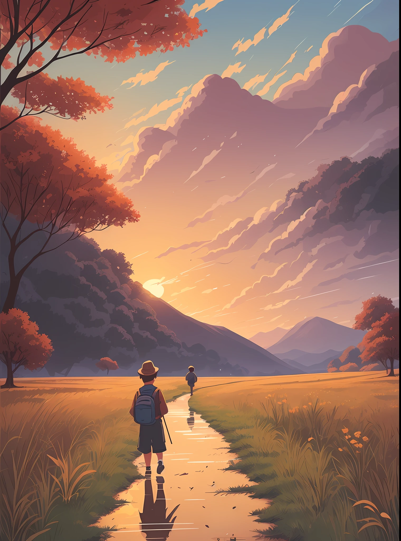 There is a man and a or eightking hand in hand in the field, no backpack, landscape illustration, colorful, stylized digital illustration, anime countryside landscape, detailed 2D illustration, background artwork, beautiful artwork illustration, detailed digital painting, sunset illustration, detailed digital illustration, digital landscape art, landscape artwork, 2d mask illustration, background art, painting illustration, digital illustration style --auto --s2
