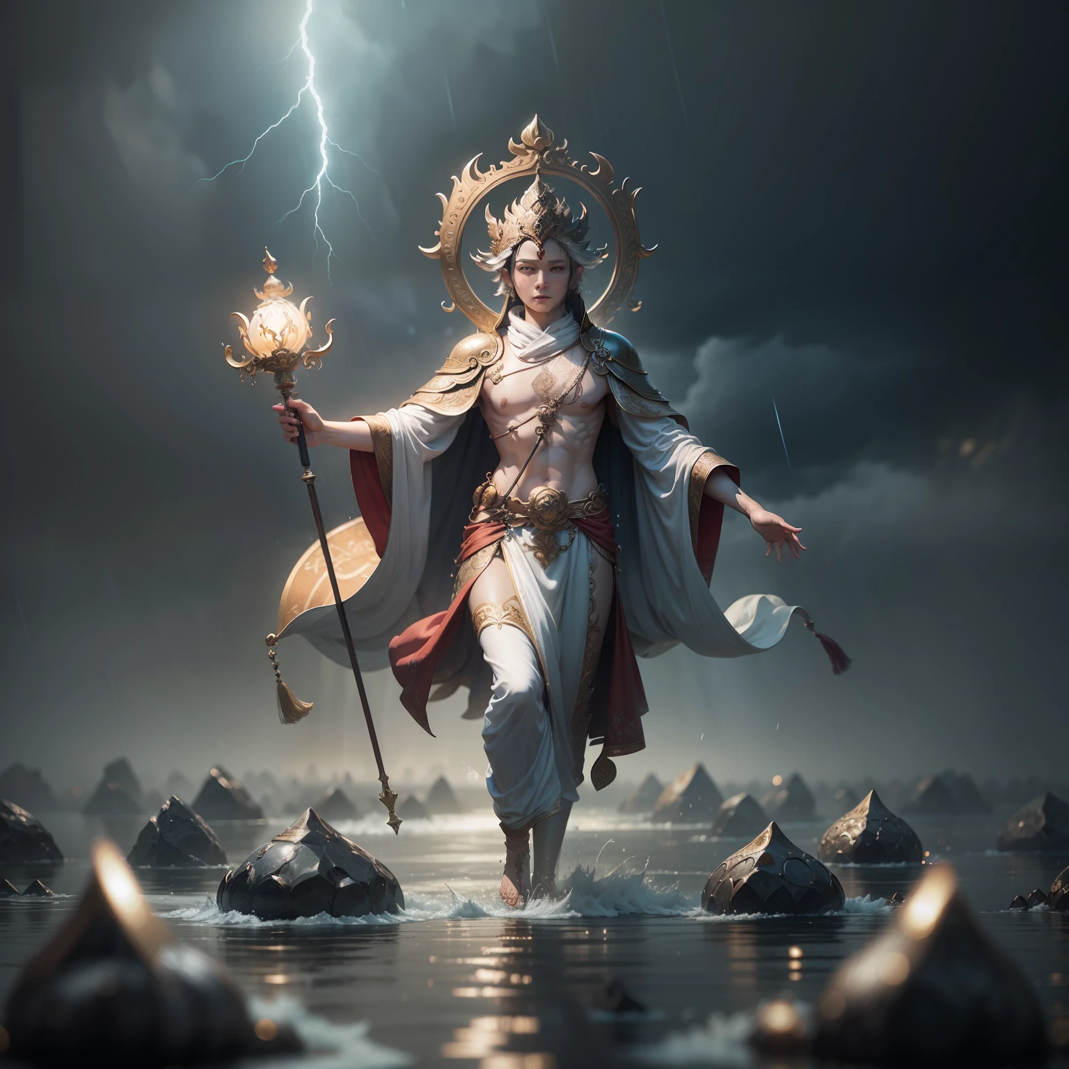 Manjushri walking on water in a storm, masterpiece, best quality, high quality, extremely detailed CG unit 8k wallpaper, award winning photography, bokeh, depth of field, HDR, flood, chromatic aberration, realistic, very detailed, popular on artstation, popular on CGsociety, complex, high detail, dramatic, art on the go, volumetric lighting