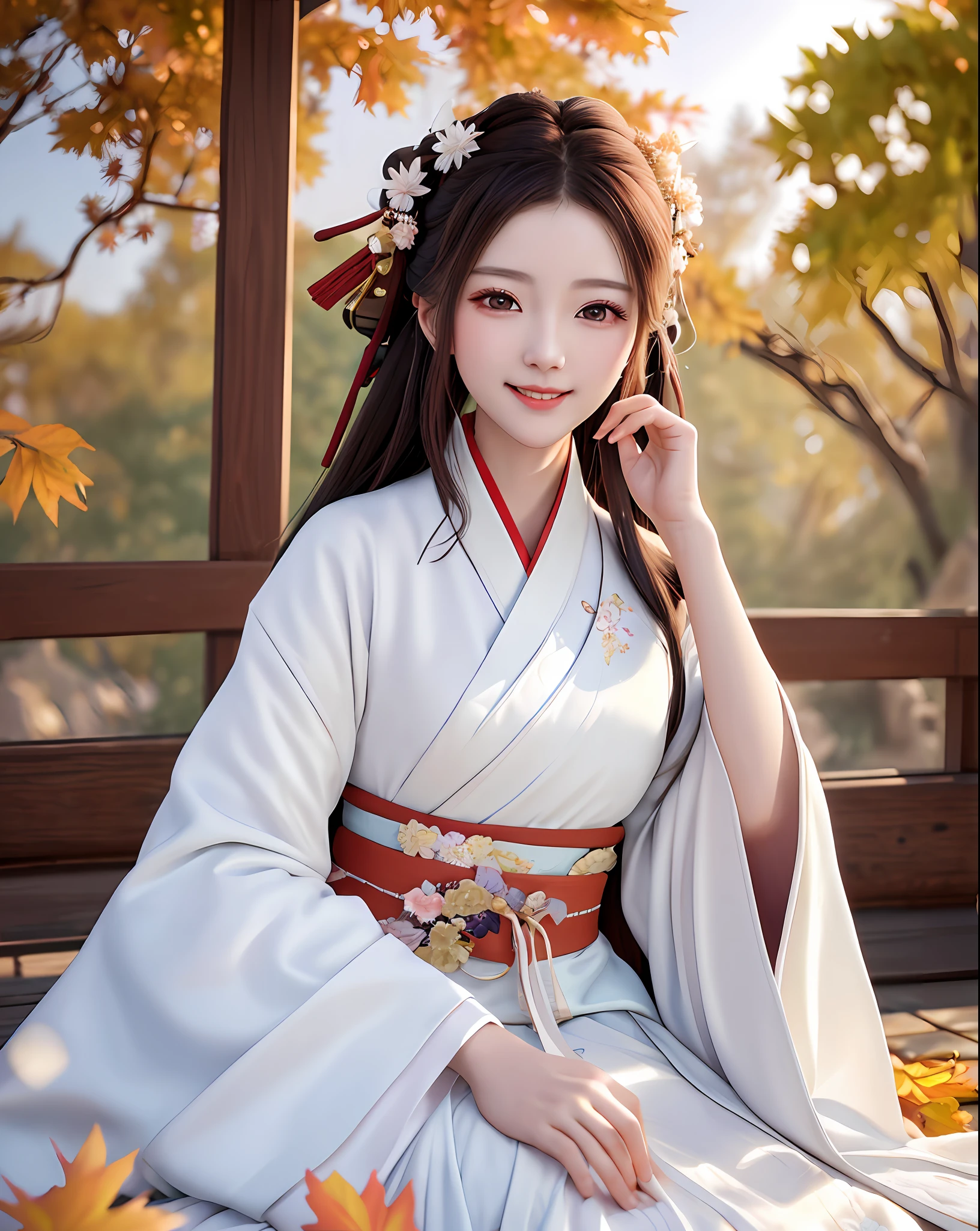 Excellent, masterpiece, high resolution, 1 woman, beauty, Hanfu, white robe, autumn scene, warm light, blurred background. High detail, charming smile, beauty that makes people forget at a glance. It's beautiful.