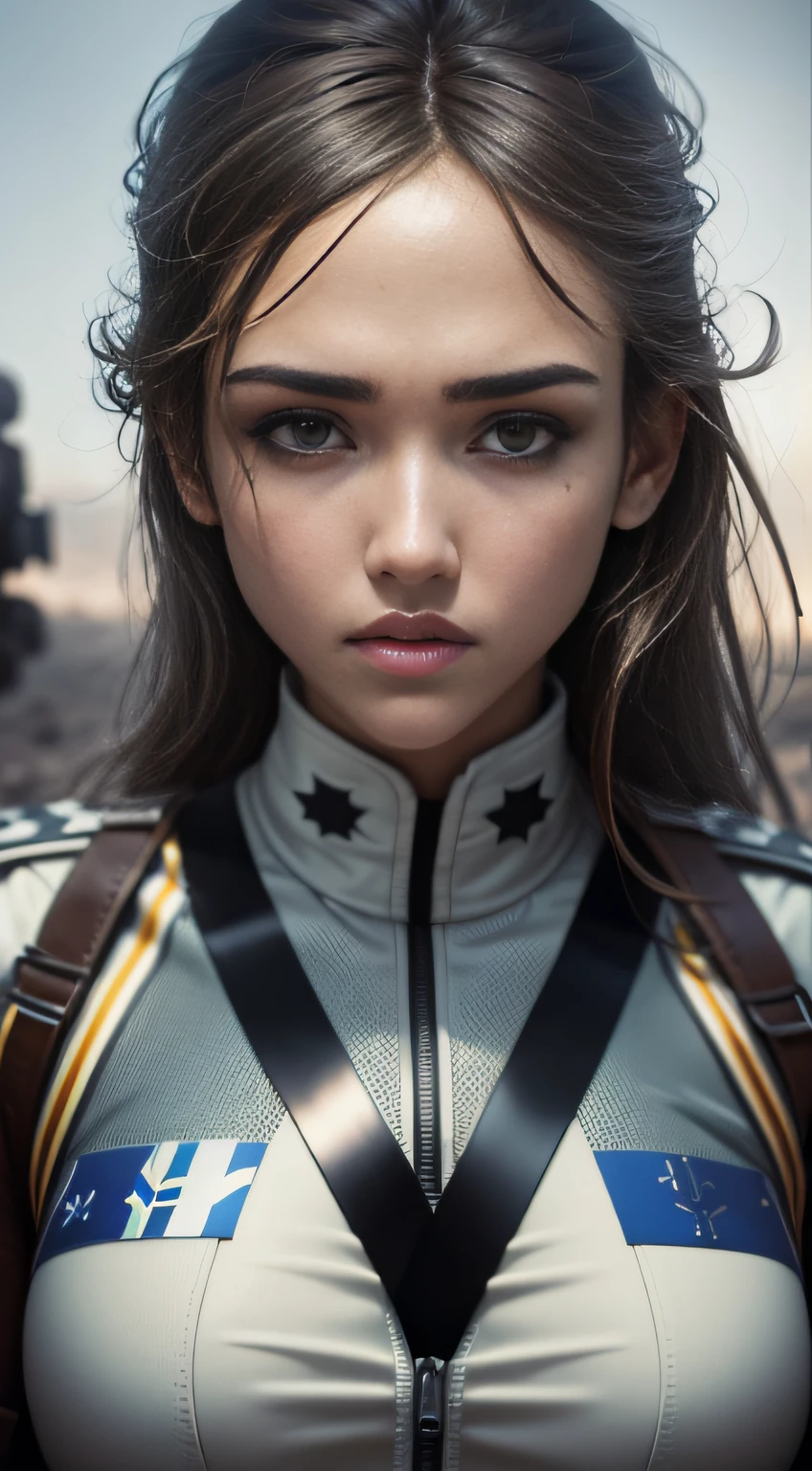 Jessica Alba in uniform wanders around the war zone, contrasting with high-intensity light and shadow, one (surreal), and the photos taken are relatively good. The theme highlights the difficult situation of women in uniform, showing high-resolution (high-definition) textured skin, presenting a new visual experience.