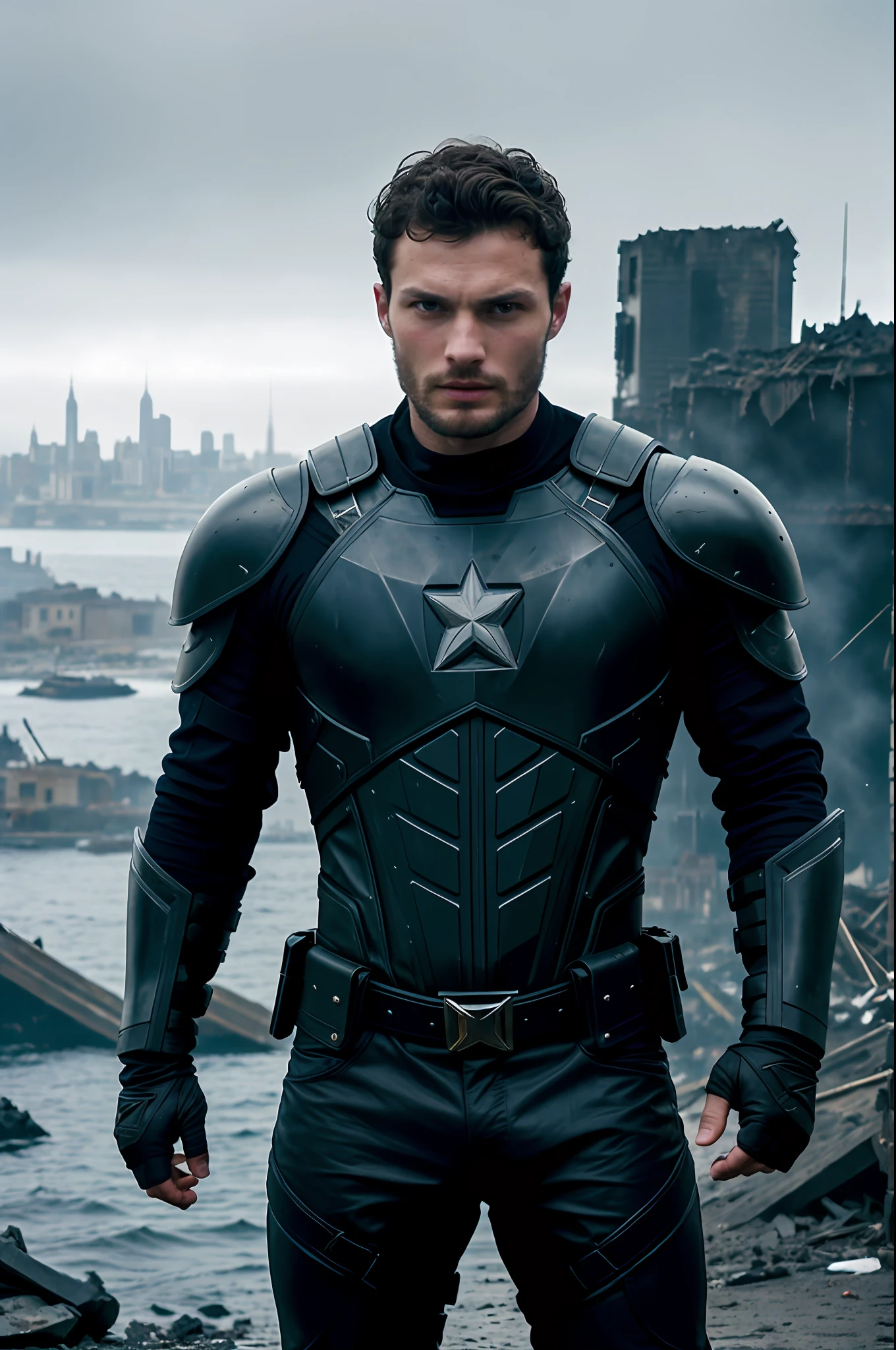 create a hero), wearing black armor of the captain homeland of the series Theboys, strong and muscular, Jamie Dornan, strong and muscular, (Moreno with model face), wearing dark beard, short dark hair, man similar to actor jamie dornan, (high quality and realistic image), destroyed city background, cinematic style, ((Best quality, 8k, Masterpiece).