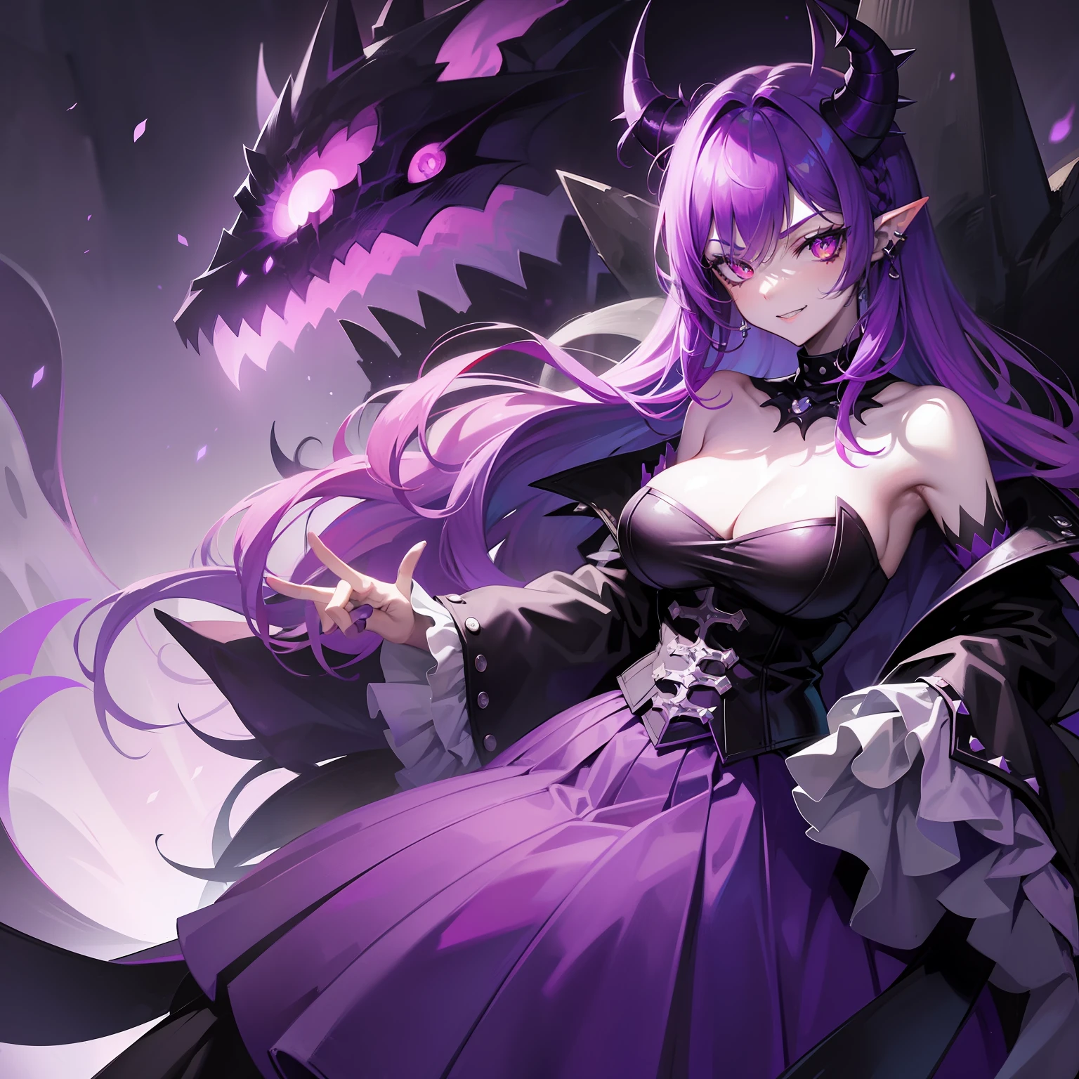 Ghost, (monster girl), purple skin, spikes, spiky purple hair, punk hair, a Cheshire grin, dressed goth style, evil, crimson eyes, masterpiece, best quality