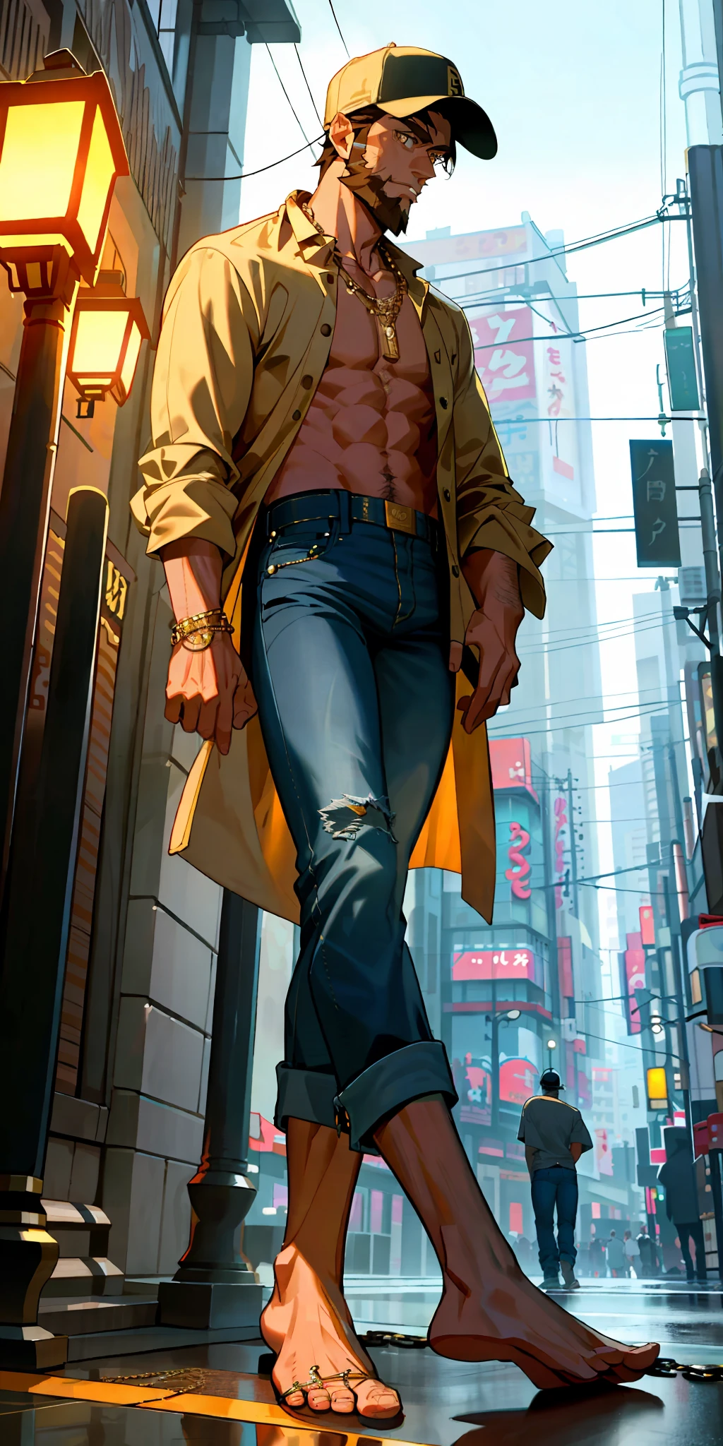 (Foot focus), 1man, short hair, toned, beard, baseball cap, barefoot, beautiful feet, open shirt, hairy body, gold chain necklace, open jeans, lamp post, masterpiece, best quality, high-res, ultra detailed, tokyo, night, candid pose, looking at the camera, front view,