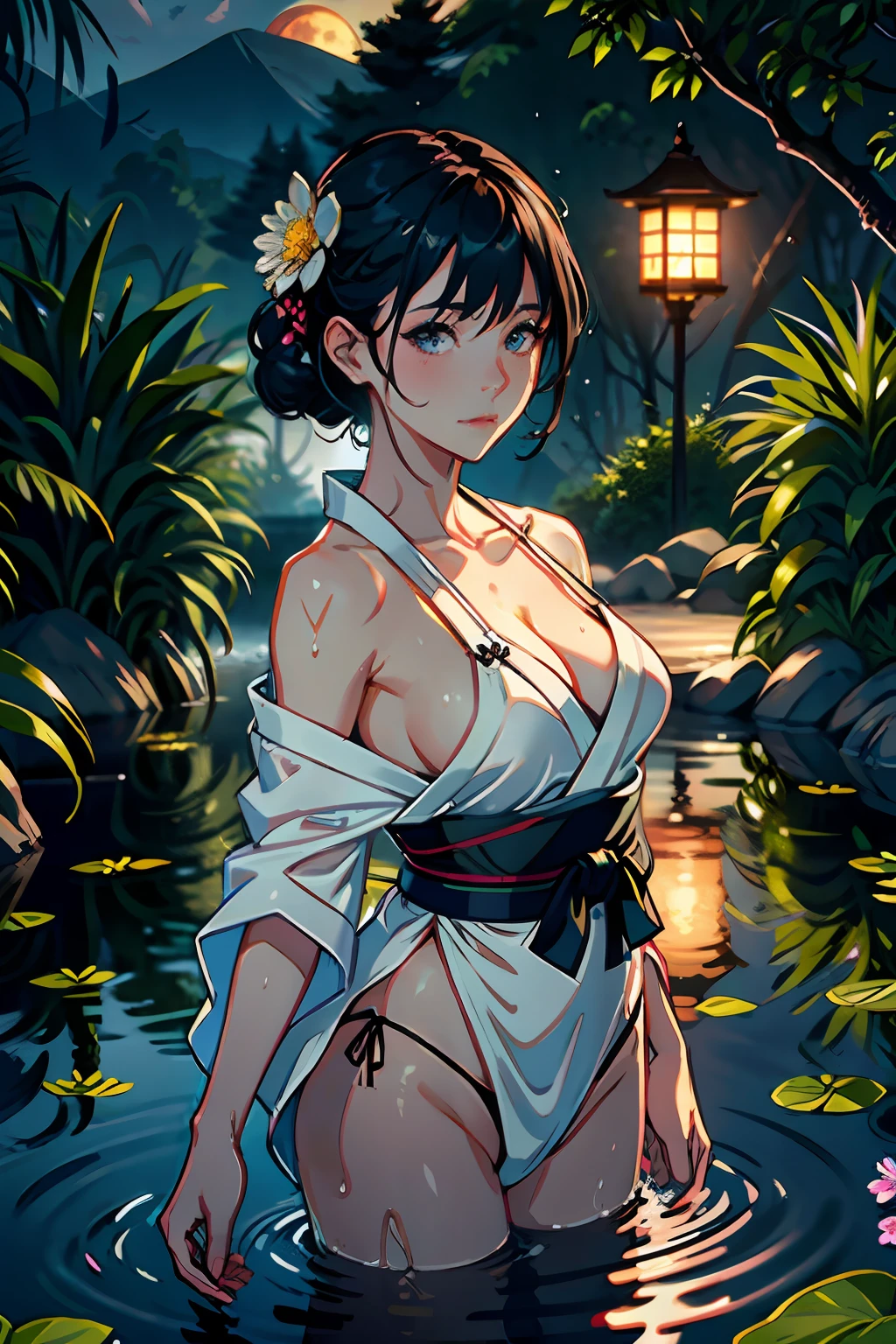 1girl, breasts, moon, lantern, night, solo, large breasts, hair ornament, wet, kimono, japanese clothes, wading, water, hair flower, flower, outdoors, sky, full moon, rain, black hair, off shoulder, mountain, cloud, holding, sash, bare shoulders, paper lantern, standing, white kimono, night sky, sideboob, obi, wet clothes, bangs, tree, from side, reflection, short hair, cloudy sky, wet hair {{(masterpiece),(extremely detailed CG unity 8k wallpaper),best quality,,solo,1girl,cinematic lighting,detailed background,beautiful detailed eyes,bright pupils, (an extremely delicate and beautiful),(Beautiful and detailed eye description)， ultra-detailed,masterpiece,}},