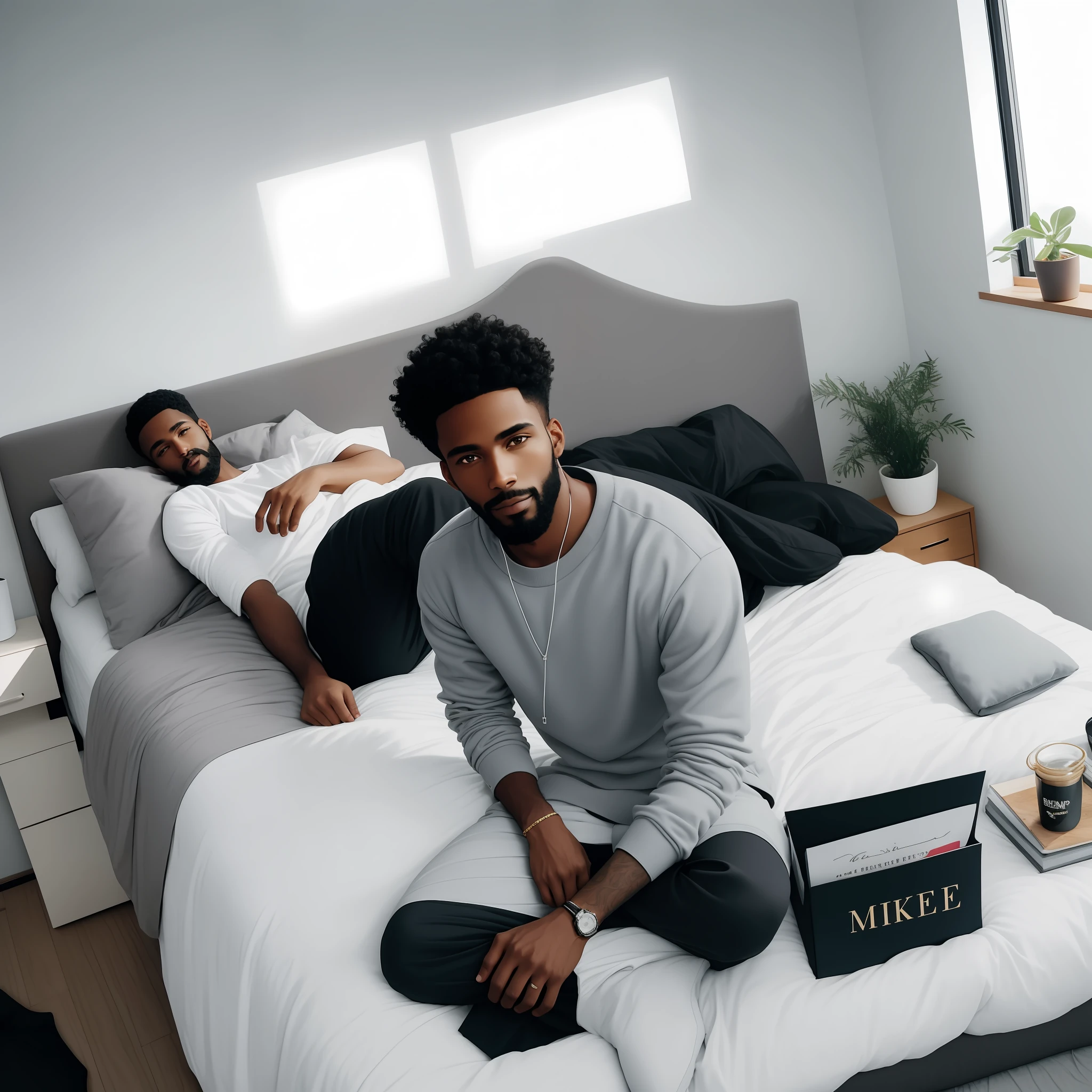 Black man, 26 years old skinny gorgeous, short black hair light brown eyes, thin beard, bottom sitting on the bed in the bedroom at night in sweatshirt and black pants