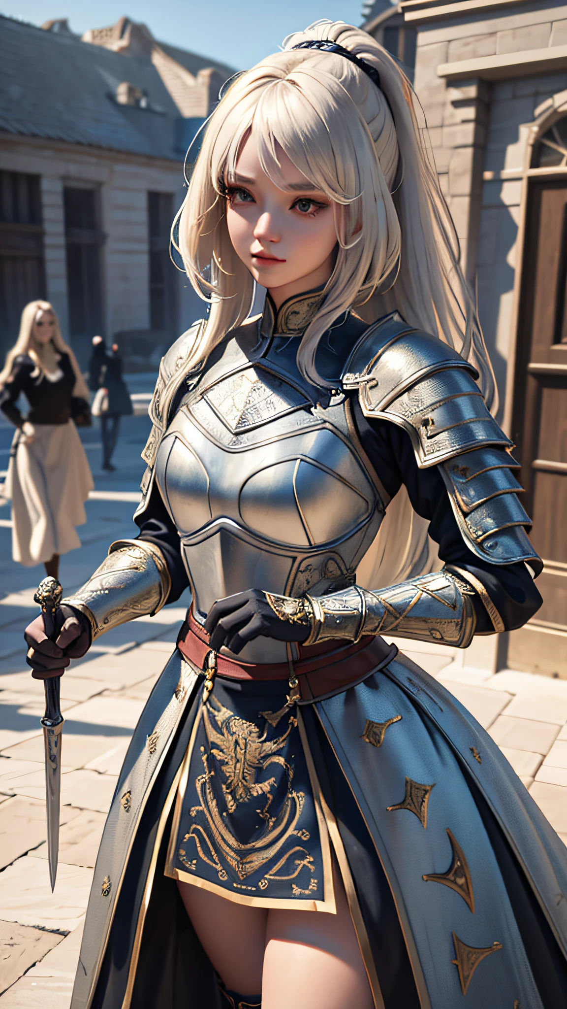 1girl, masterpiece, best quality, 8k, detailed skin texture, detailed cloth texture, beautiful detailed face, intricate details, ultra detailed, 3D character, Medieval Knight, full-length body
