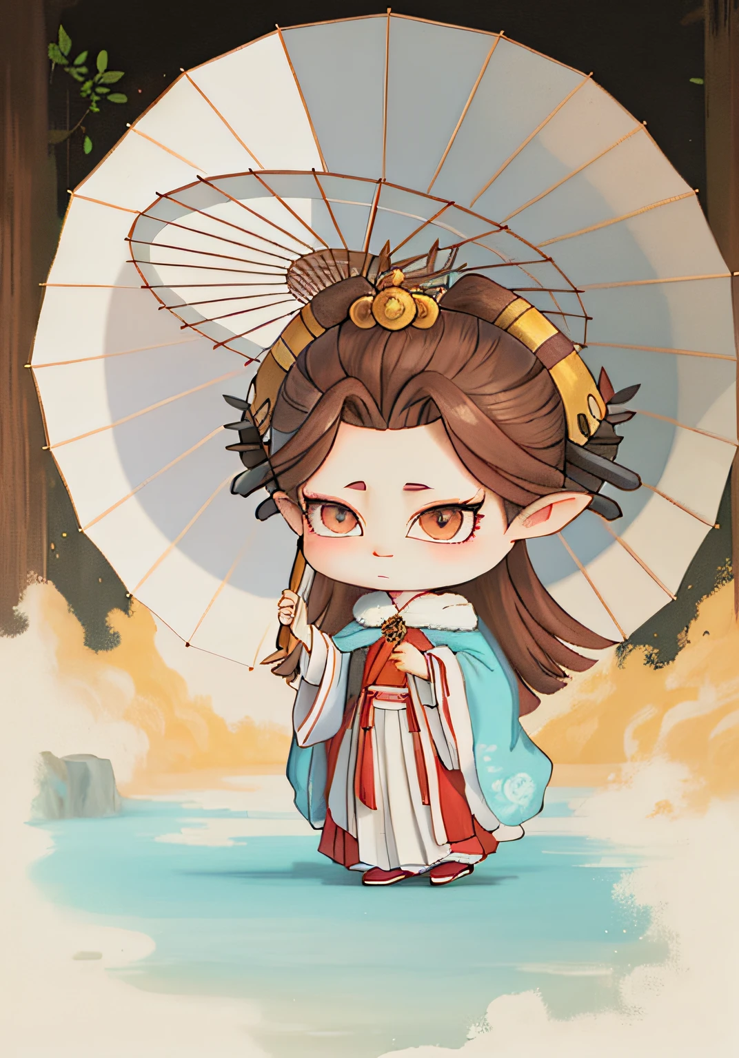 A painting of a Chinese girl holding an oil-paper umbrella, an ancient Chinese princess, a Chinese empress, a palace, a girl in Hanfu, an ancient Chinese goddess, a Chinese princess, brown hair, a cold-colored fur robe cape, a light cyan undergarment, a branch with leaves on the head, a light-colored umbrella, no miscellaneous, two-headed body