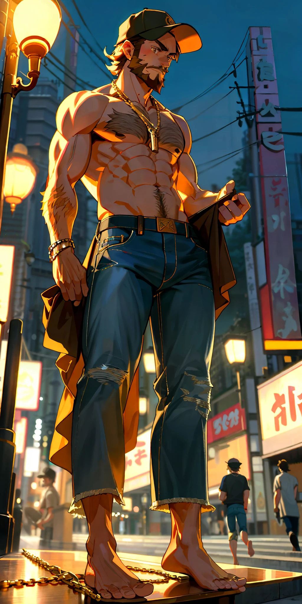 (Foot focus), 1man, short hair, toned, beard, baseball cap, barefoot, beautiful feet, shirtless, hairy body, gold chain necklace, open jeans, lamp post, masterpiece, best quality, high-res, ultra detailed, tokyo, night, candid pose, looking at the camera, front view,