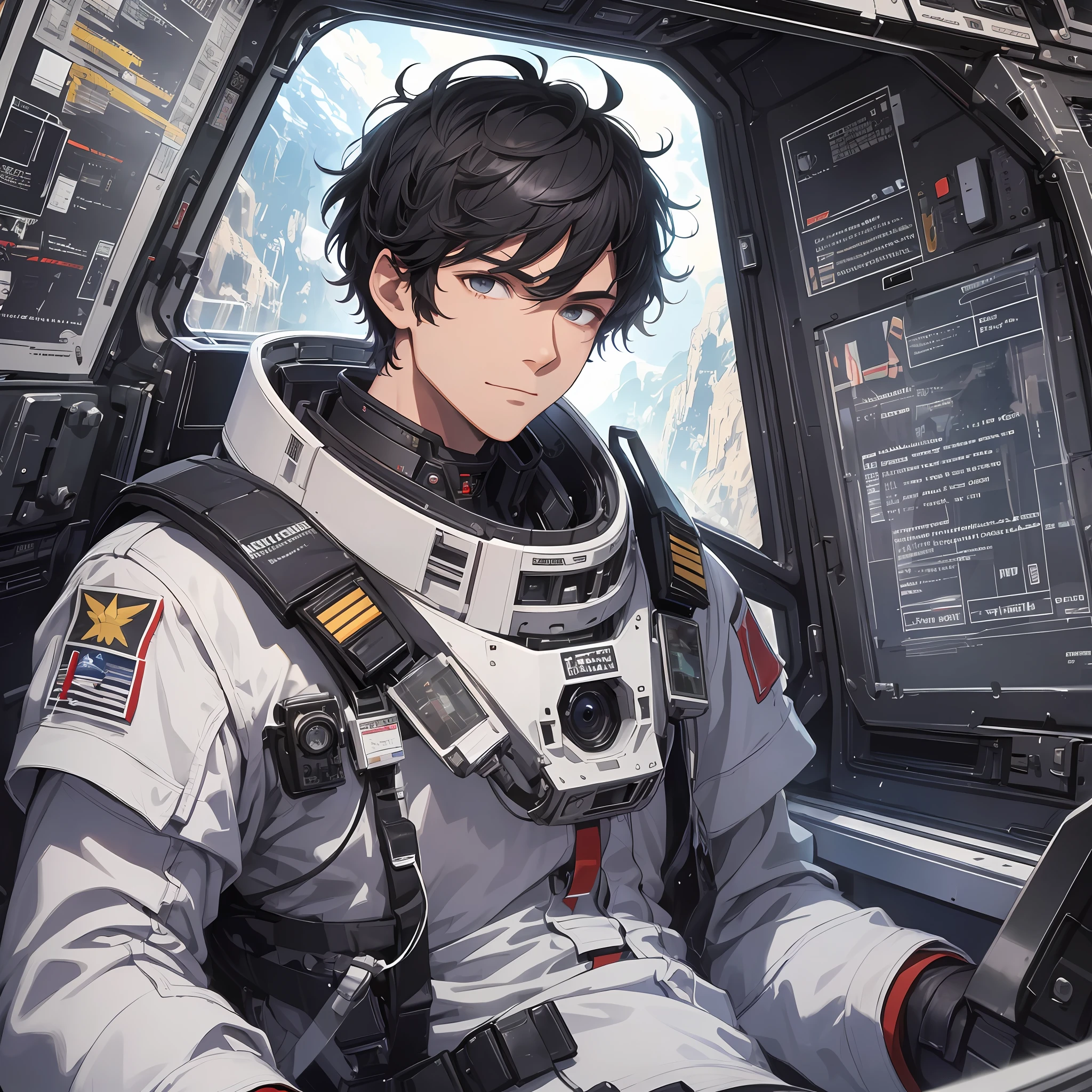 Absurd resolution, high resolution, (masterpiece: 1.4), hyper-detail, young man messy black short-haired pilot dressed up, smug expression, in extremely narrow mecha cockpit, operation, window is space can see the earth (1.2)