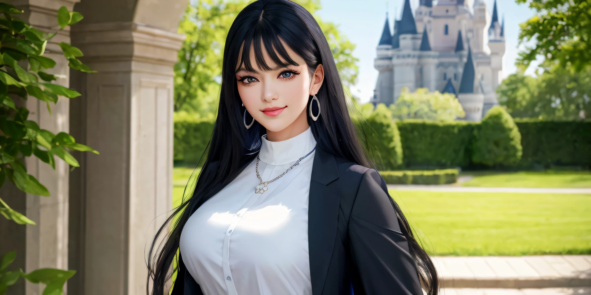 standing in front of castle, smile, necklace, earrings, full body, long black hair, uniform, superb, ultra-high-definition, RAW photo, realism: 1.25), (bright lip gloss, long eyelashes, smooth face , bright skin, natural shadows, wide light, wide light, depth of field, strong colors, subtle caustics: 0.8), smile, (big tits), v6