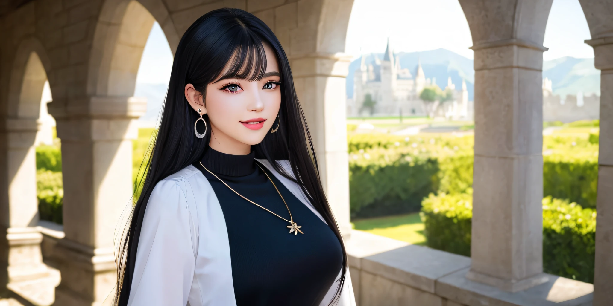 standing in front of castle, smile, necklace, earrings, full body, long black hair, uniform, superb, ultra-high-definition, RAW photo, realism: 1.25), (bright lip gloss, long eyelashes, smooth face , bright skin, natural shadows, wide light, wide light, depth of field, strong colors, subtle caustics: 0.8), smile, (big tits), v6