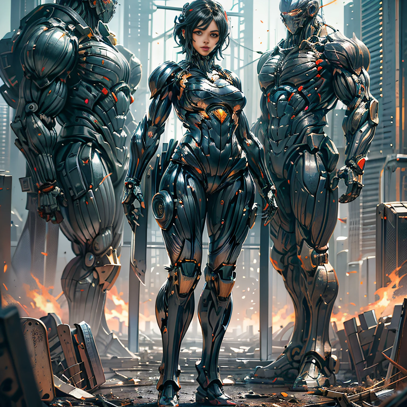 (masterpiece), (best quality), 8k resolution, RAW photo, realistic, 1girl, girl in nanosuit, black armor, mechanical, stunning beauty, full body, standing in front of a giant robot, stand, cool pose