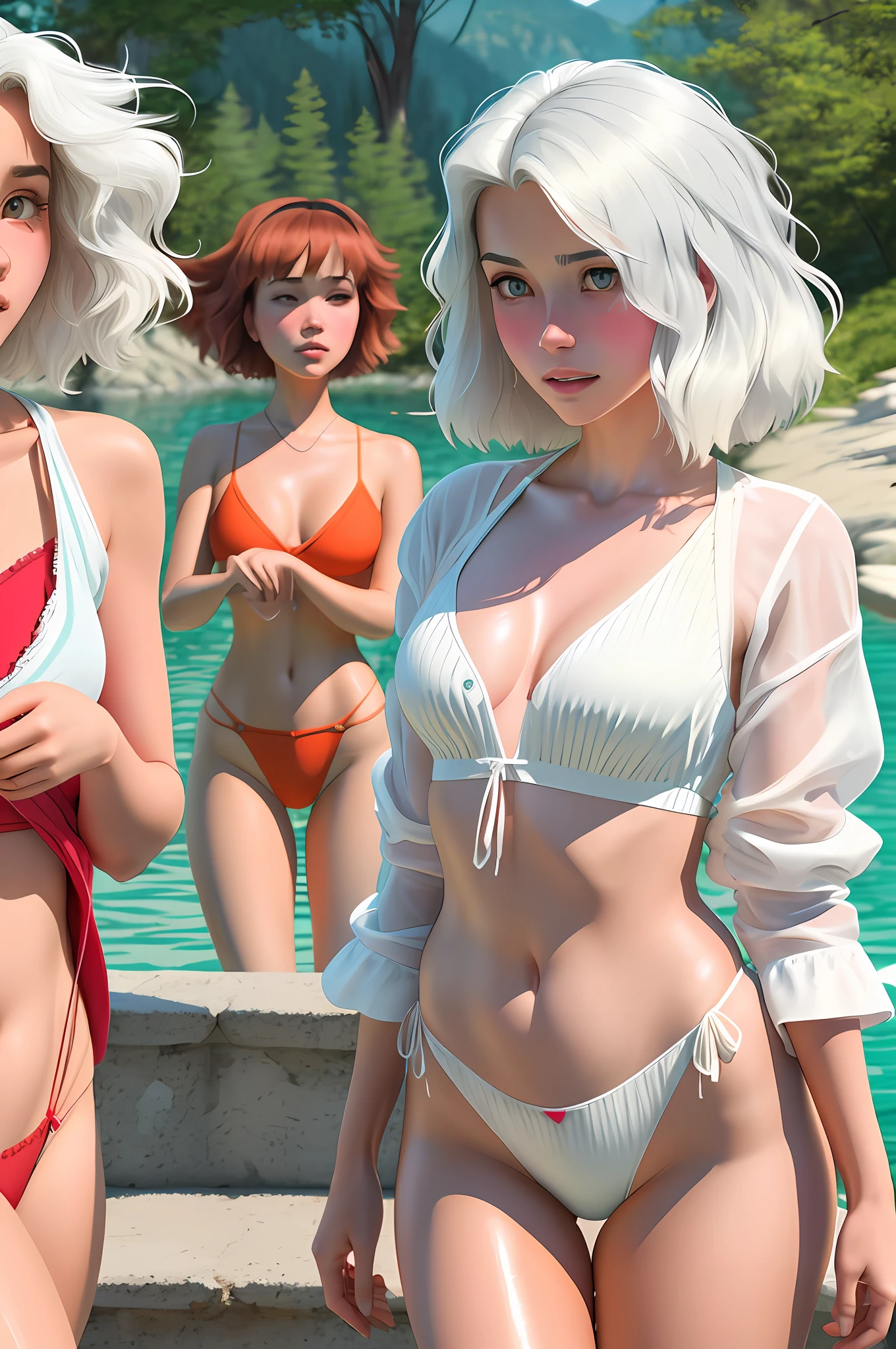 (dreamlikeart style:0.8),( redshift style:1.1),(analog style:1.11), (studio_ghibli_anime_style style:0.8), (copeseethemald style:0.9), glossy, thepit bimbo,

[Kay Adams|Tea Leoni], woman, 3 girls, detailed face,  symmetric, cute,  plunging neckline,  small breast, lips, green eyes,realistic pupils, full body,

White hair, coral buttoned shirt, white thong, thigh high thong,

centered, looking down, standing, centered, skin pores, realistic skin, subsurface skin scattering, detailed skin, shiny skin, midriff,

Lake, detailed background, items,
realistic proportions, blushing, retro, 1800s, vintage,

light rays, caustics, 

masterpiece, best quality, realistic, hyperrealistic,  sharp focus, absurdres, good anatomy,