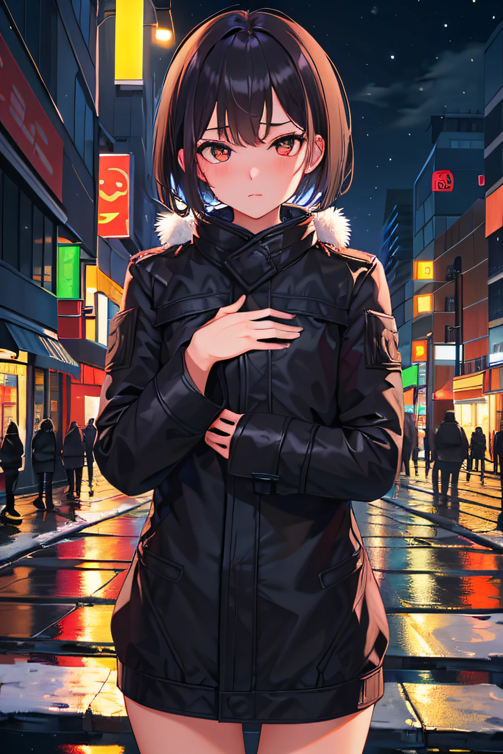 ((Masterpiece, highest quality)), (MAX resolution, distinct_image), Perfect Anatomy, 1 girl, (Black hair:1.2), (short hair:1.2), ((covered chest by hands)), ((((Closed Front Winter Cloth))),brown color), city, street, (night:1.1),(dark background:1.2), hide bare body,