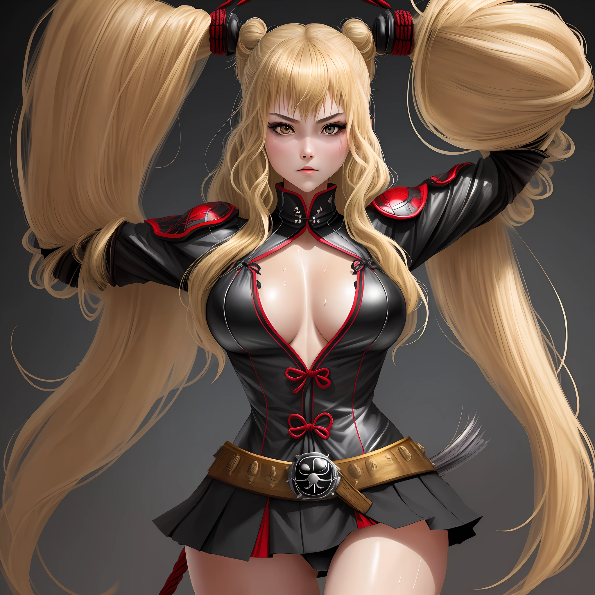 (1girl), with spider girl costume (samurai style), big breasts, breasts, wet skin, wavy blonde hair, punk girl, dark hair, transparent