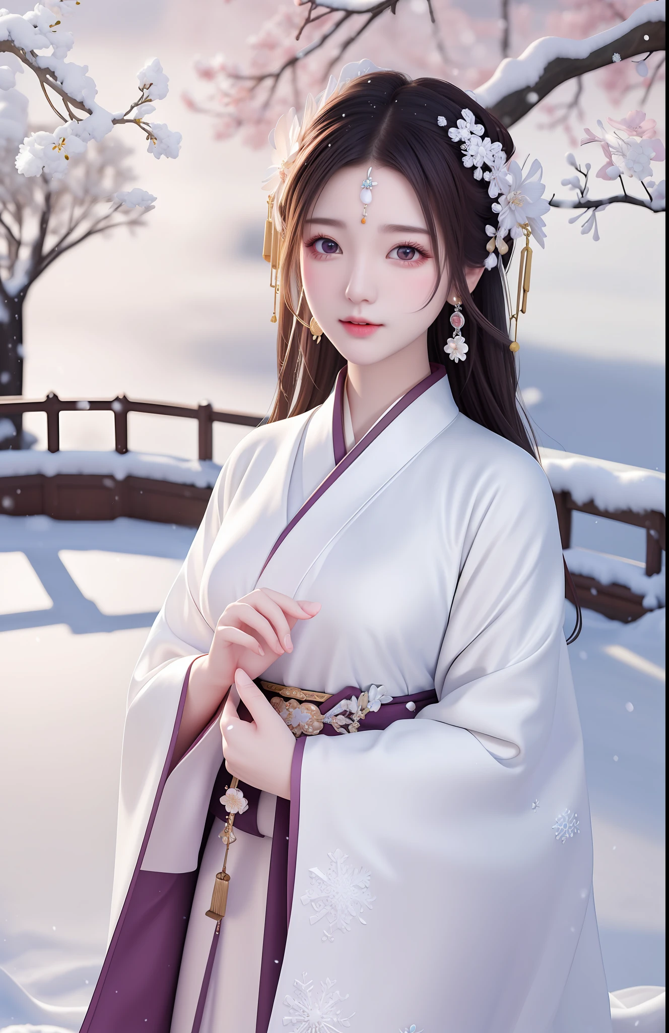 Masterpiece, extremely detailed CG unity 8k wallpaper, 1 girl, unforgettable beauty, realistic, blur, blurred background, blurred foreground, snow, depth of field, earrings, jewelry, nose, realistic, solo, hanfu, white robe, snow, plum blossom,