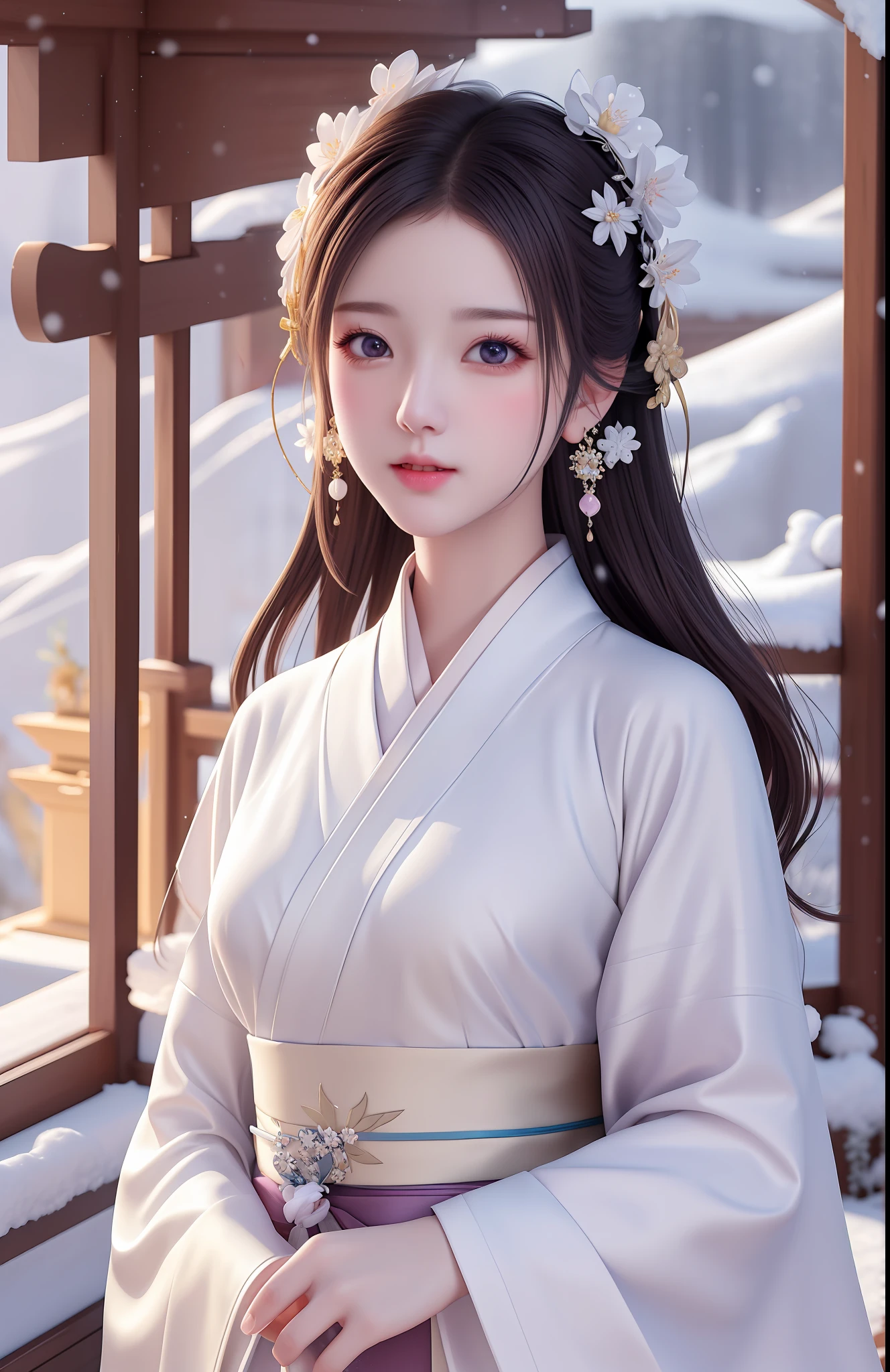 Masterpiece, extremely detailed CG unity 8k wallpaper, 1 girl, unforgettable beauty, realistic, blur, blurred background, blurred foreground, snow, depth of field, earrings, jewelry, nose, realistic, solo, hanfu, white robe, snow, plum blossom,