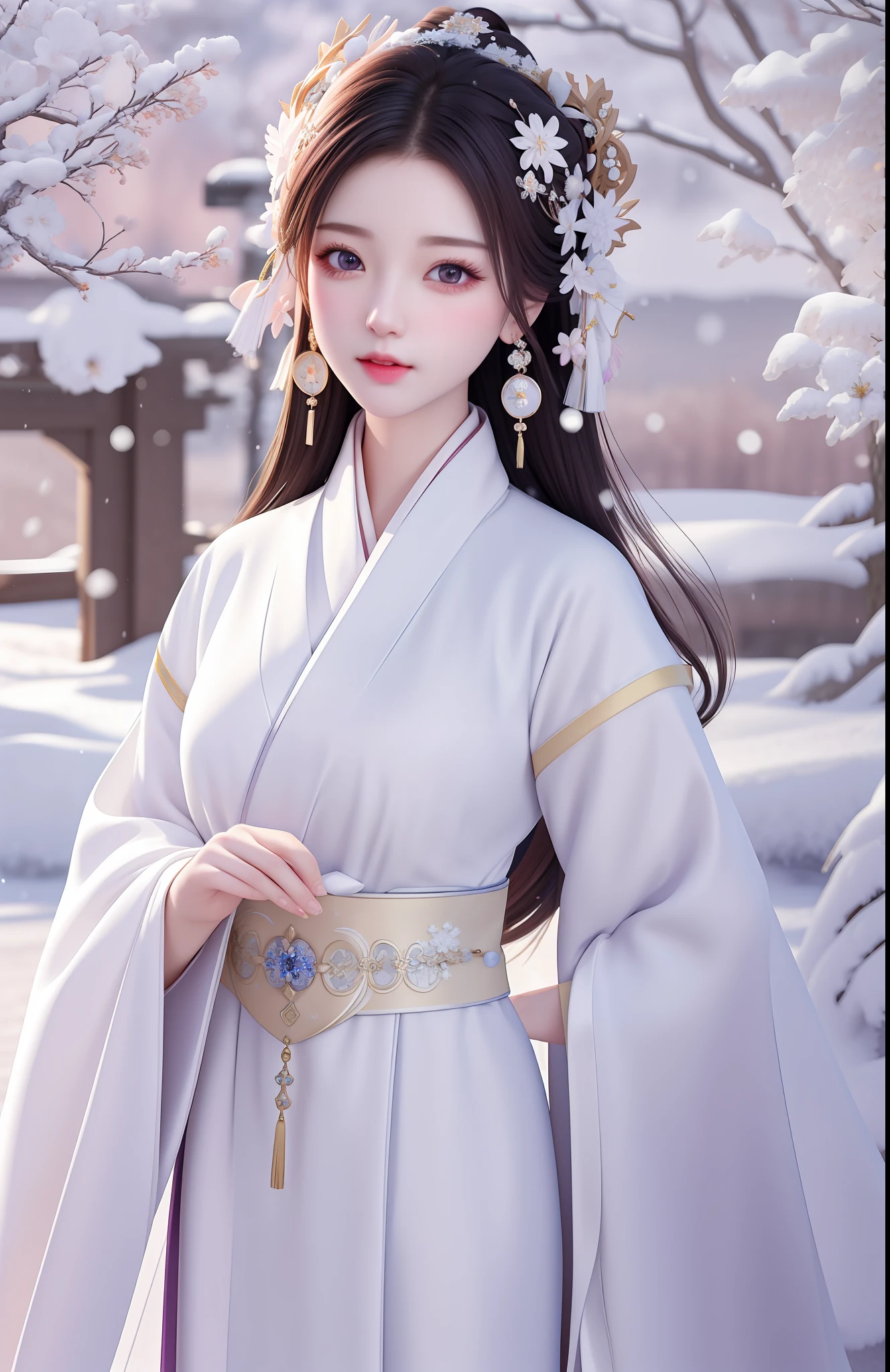 Masterpiece, extremely detailed CG unity 8k wallpaper, 1 girl, unforgettable beauty, realistic, blur, blurred background, blurred foreground, snow, depth of field, earrings, jewelry, nose, realistic, solo, hanfu, white robe, snow, plum blossom,