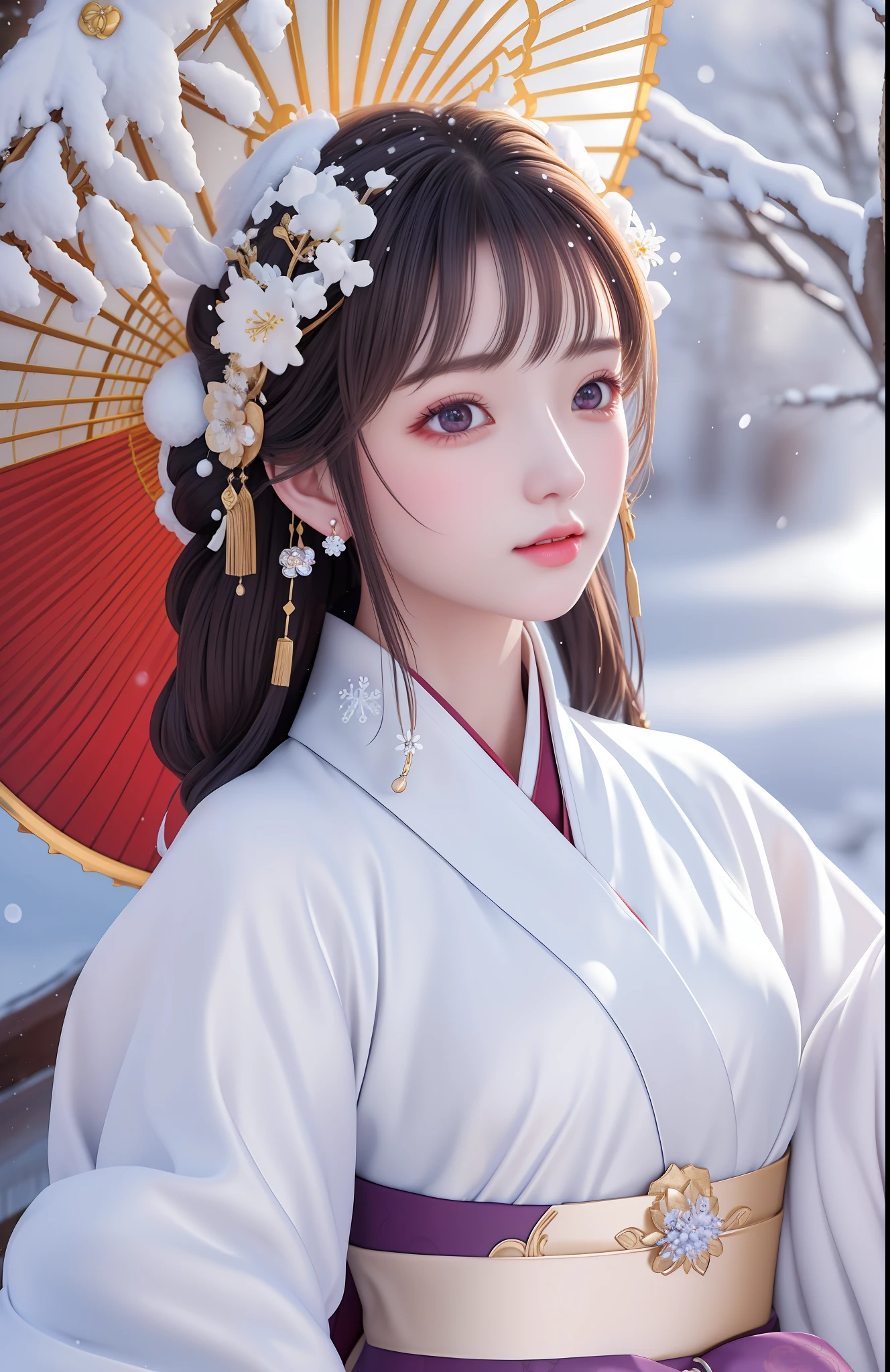 Masterpiece, extremely detailed CG unity 8k wallpaper, 1 girl, unforgettable beauty, realistic, blur, blurred background, blurred foreground, snow, depth of field, earrings, jewelry, nose, realistic, solo, hanfu, white robe, snow, plum blossom,