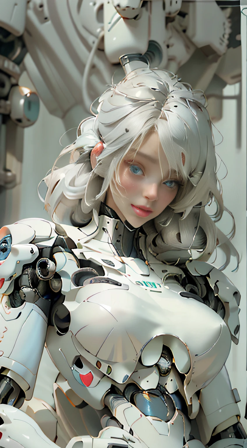 a close up of a woman with white hair and a robot suit, porcelain cyborg, perfect android girl, cute cyborg girl, integrated synthetic android, anime robotic mixed with organic, wlop and krenz cushart, wlop glossy skin, broken beautiful female android!, cyborg - girl with silver hair, guweiz masterpiece, beautiful female android!